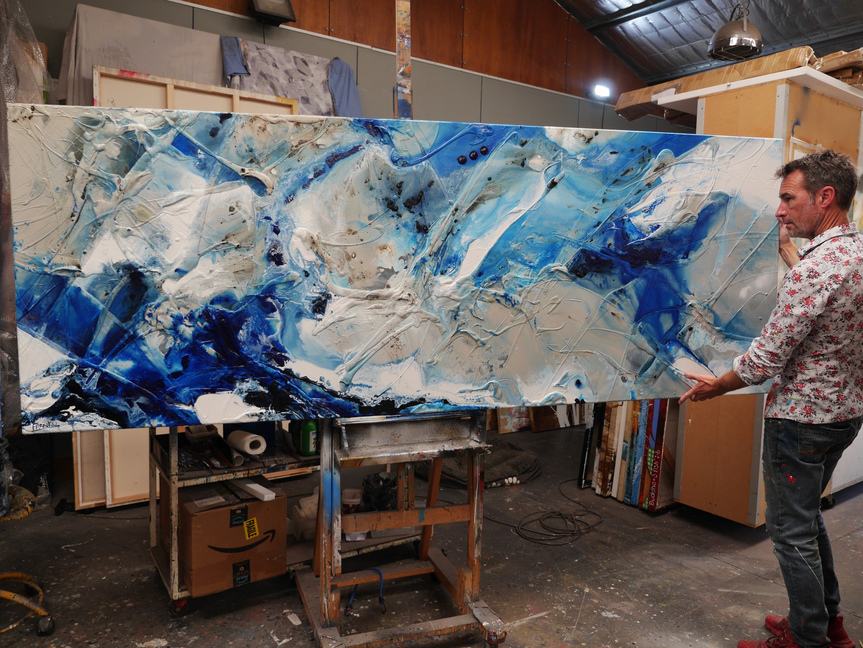 Rocking the Casbah 270cm x 100cm Phalto Mid Blues Honey White Textured Abstract Painting (SOLD)