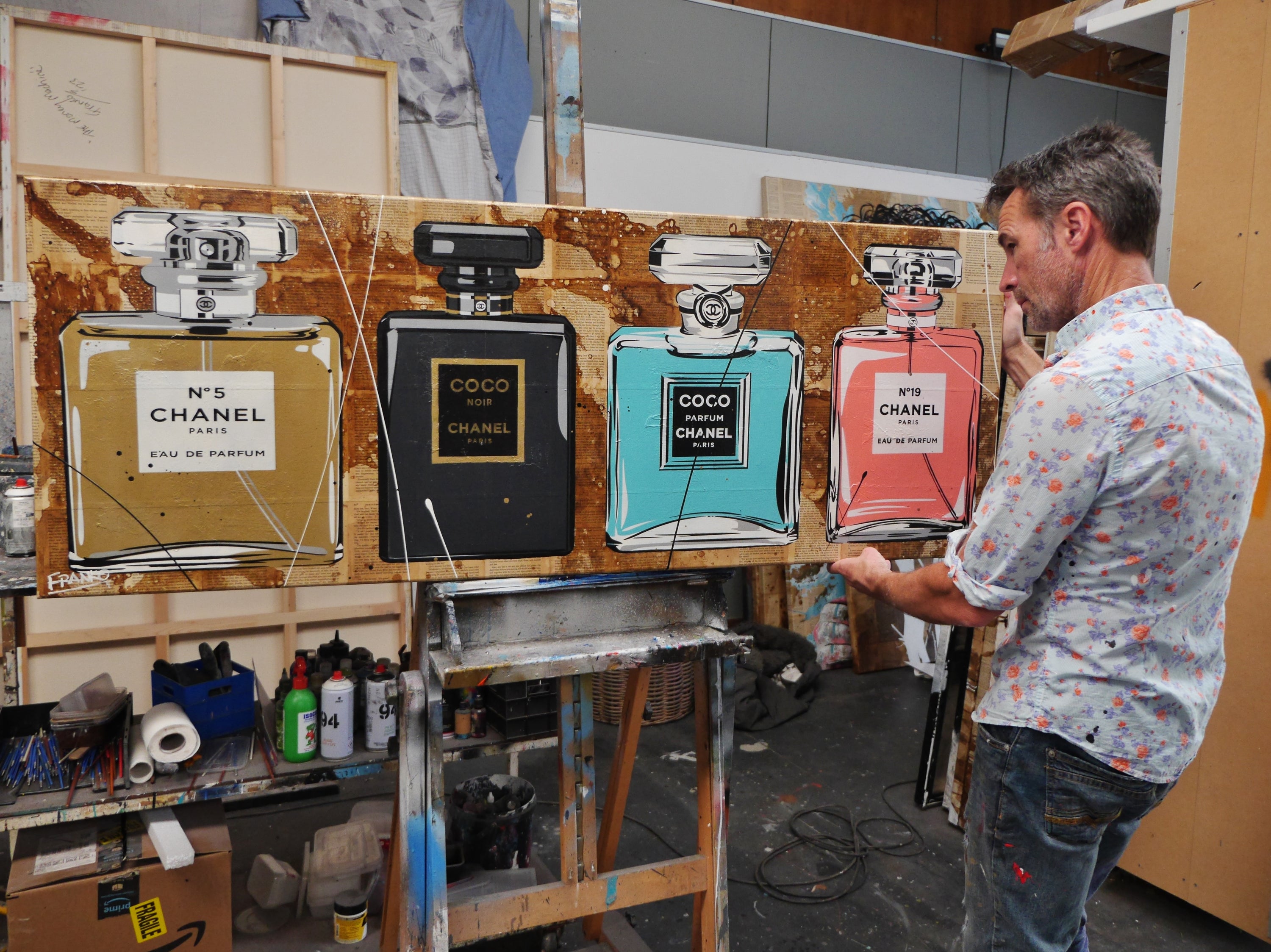 Fragrances 160cm x 60cm Chanel Perfume Bottles Urban Pop Book Club Painting (SOLD)-book club-[Franko Artist]-[Gold Coast]-[Brisbane]-[Huge]-Franklin Art Studio