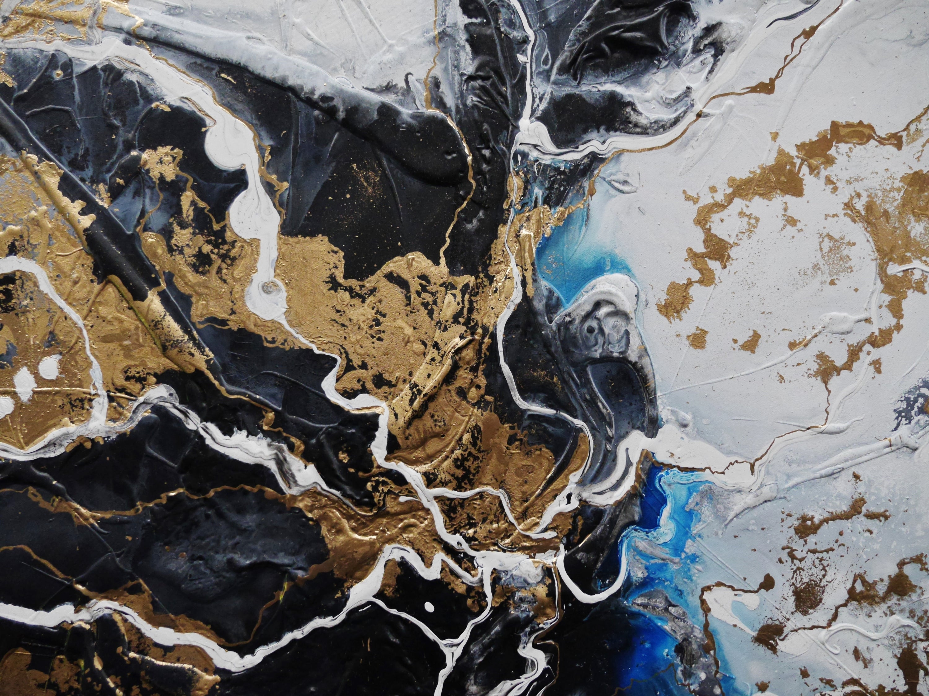 The Bling 240cm x 100cm Black Metallic Gold Blue Textured Abstract Painting (SOLD)
