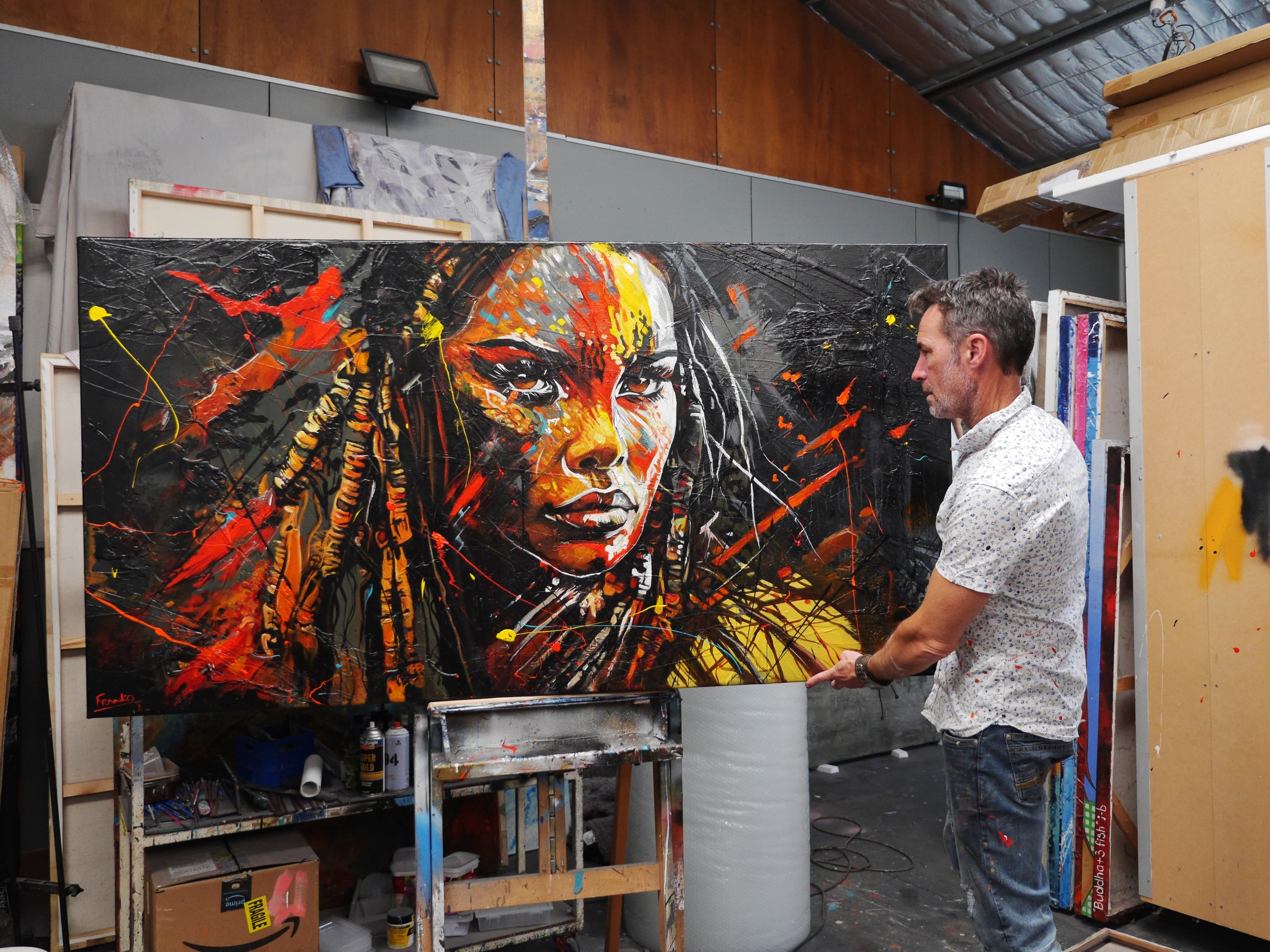Warrioress 190cm x 100cm Brave and Beautiful Abstract Framed Textured Painting (SOLD)-people-[Franko]-[Australian]-[Popular]-[Best Selling]-Franklin Art Studio