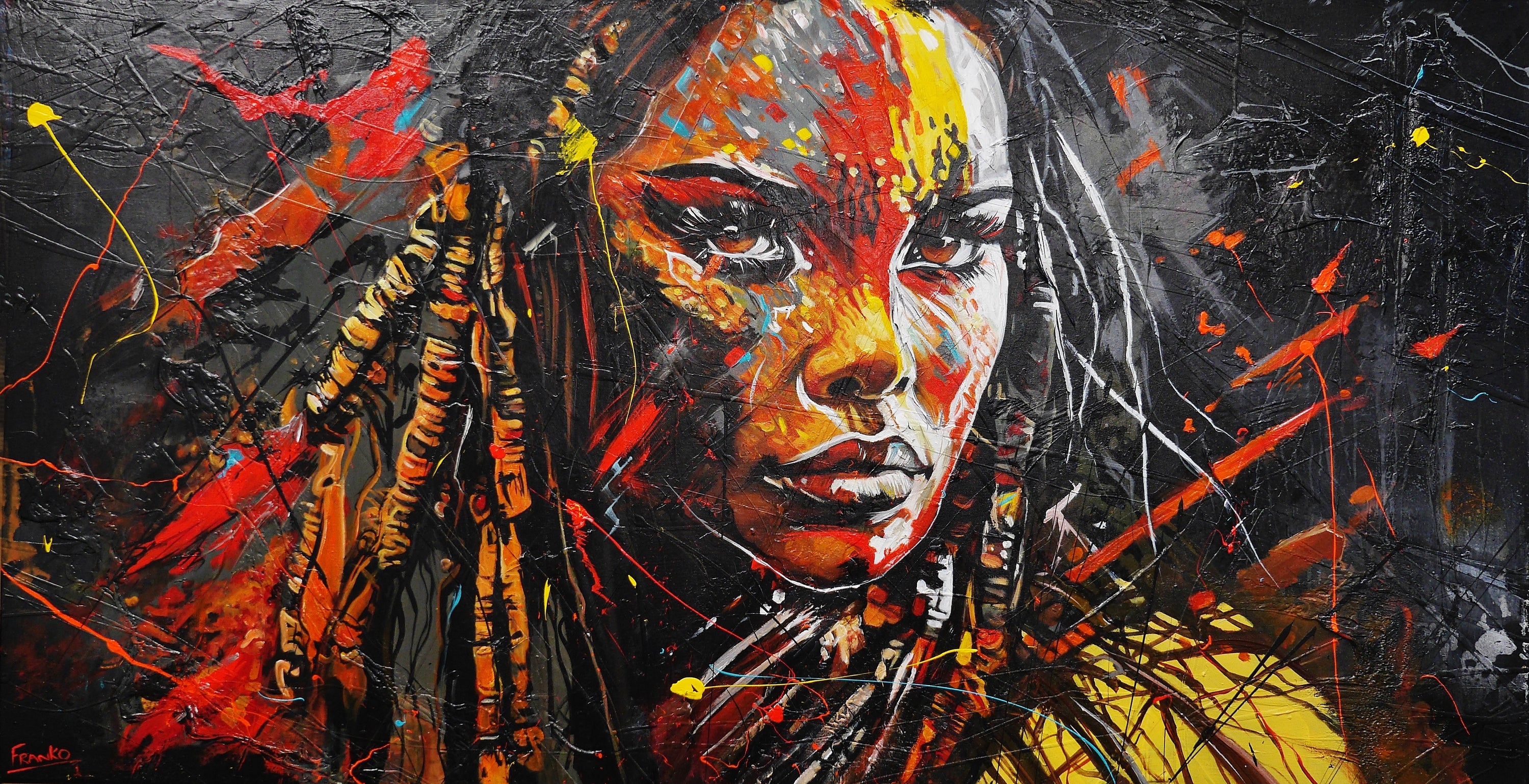 Warrioress 190cm x 100cm Brave and Beautiful Abstract Framed Textured Painting (SOLD)-people-[Franko]-[Australian Artist]-[Large]-[Popular]-Franklin Art Studio