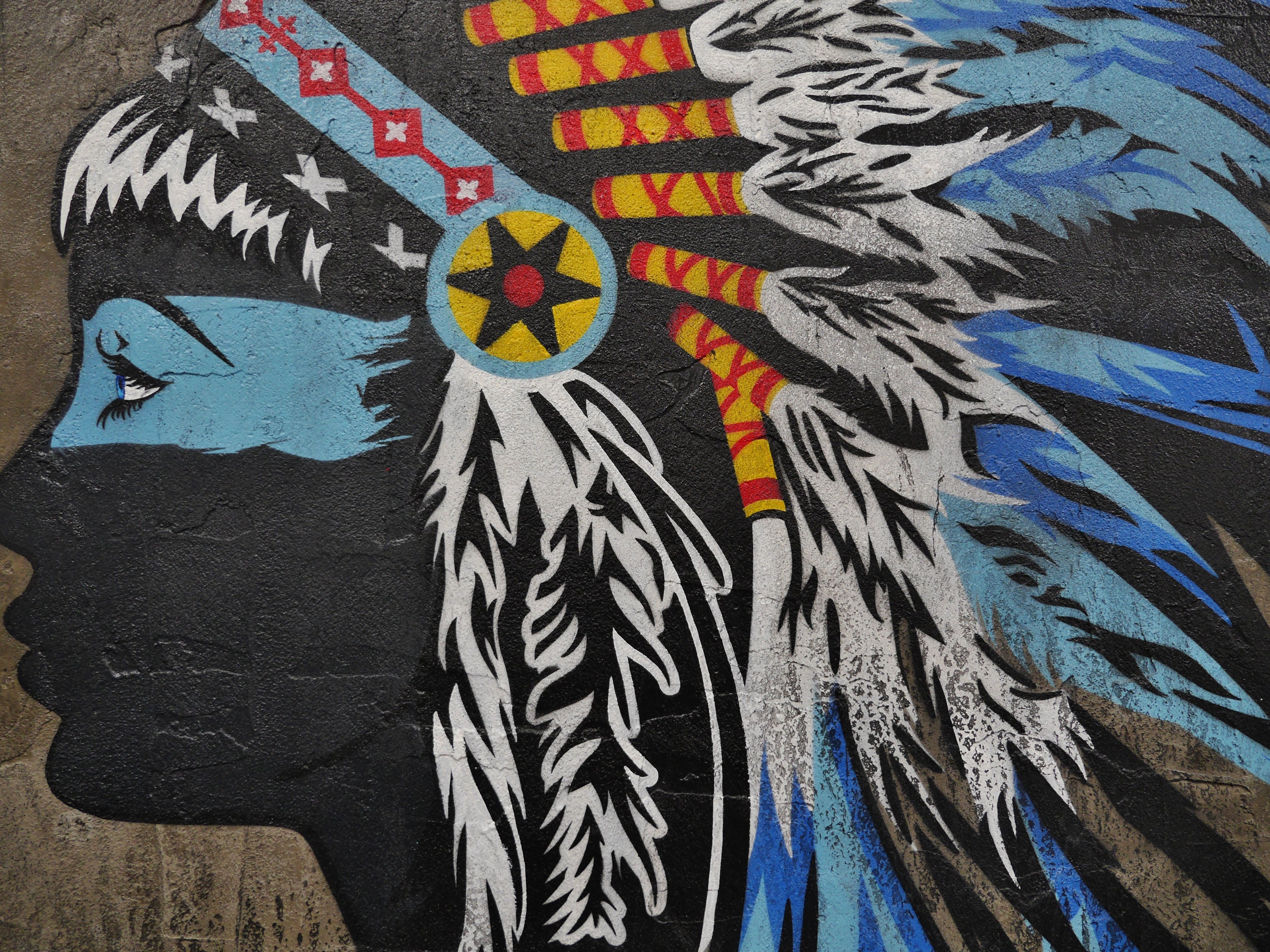 Sky Feathers 140cm x 100cm Blue Indian Headdress Textured Urban Pop Art Painting (SOLD)