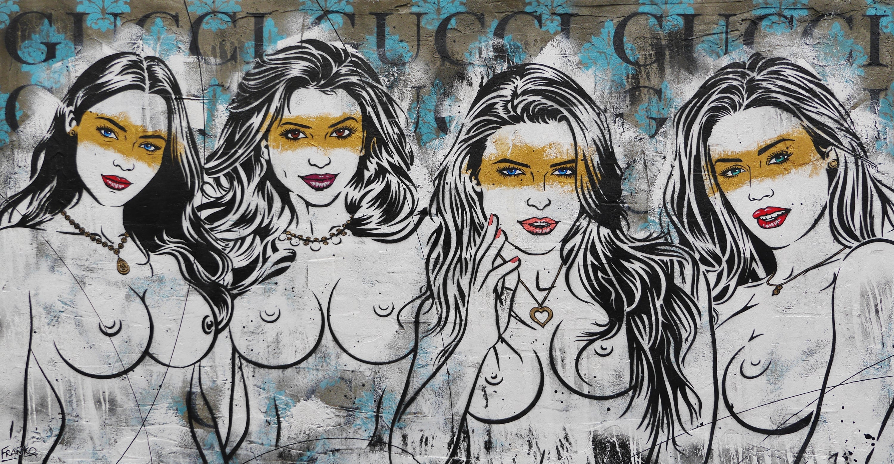 Parading Four 190cm x 100cm Sexy Nude Industrial Concrete Urban Pop Art Painting (SOLD RHYS)-concrete-[Franko]-[Australian Artist]-[Large]-[Popular]-Franklin Art Studio