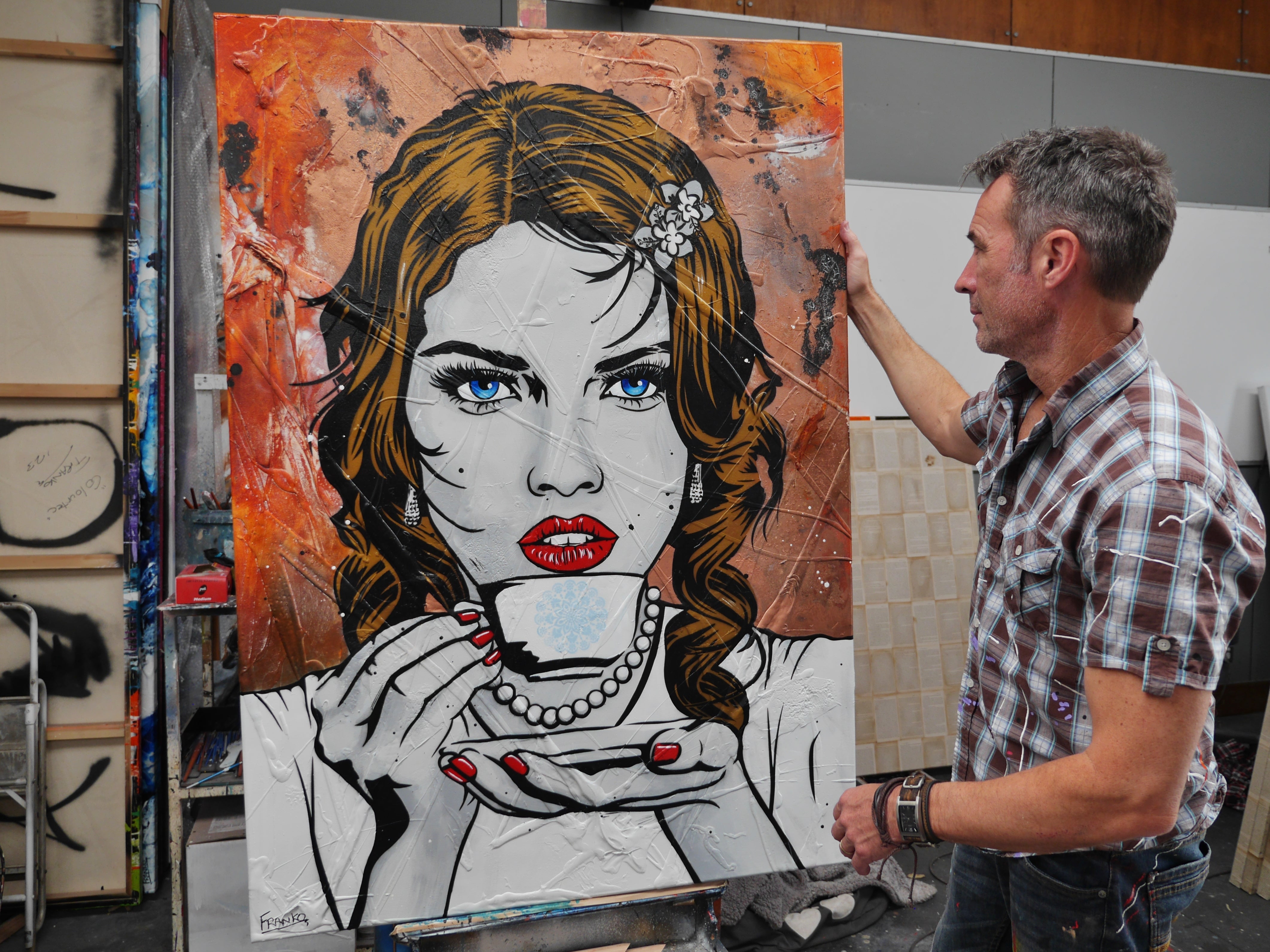 Ahhh! 140cm x 100cm Coffee Girl Textured Urban Pop Art Painting