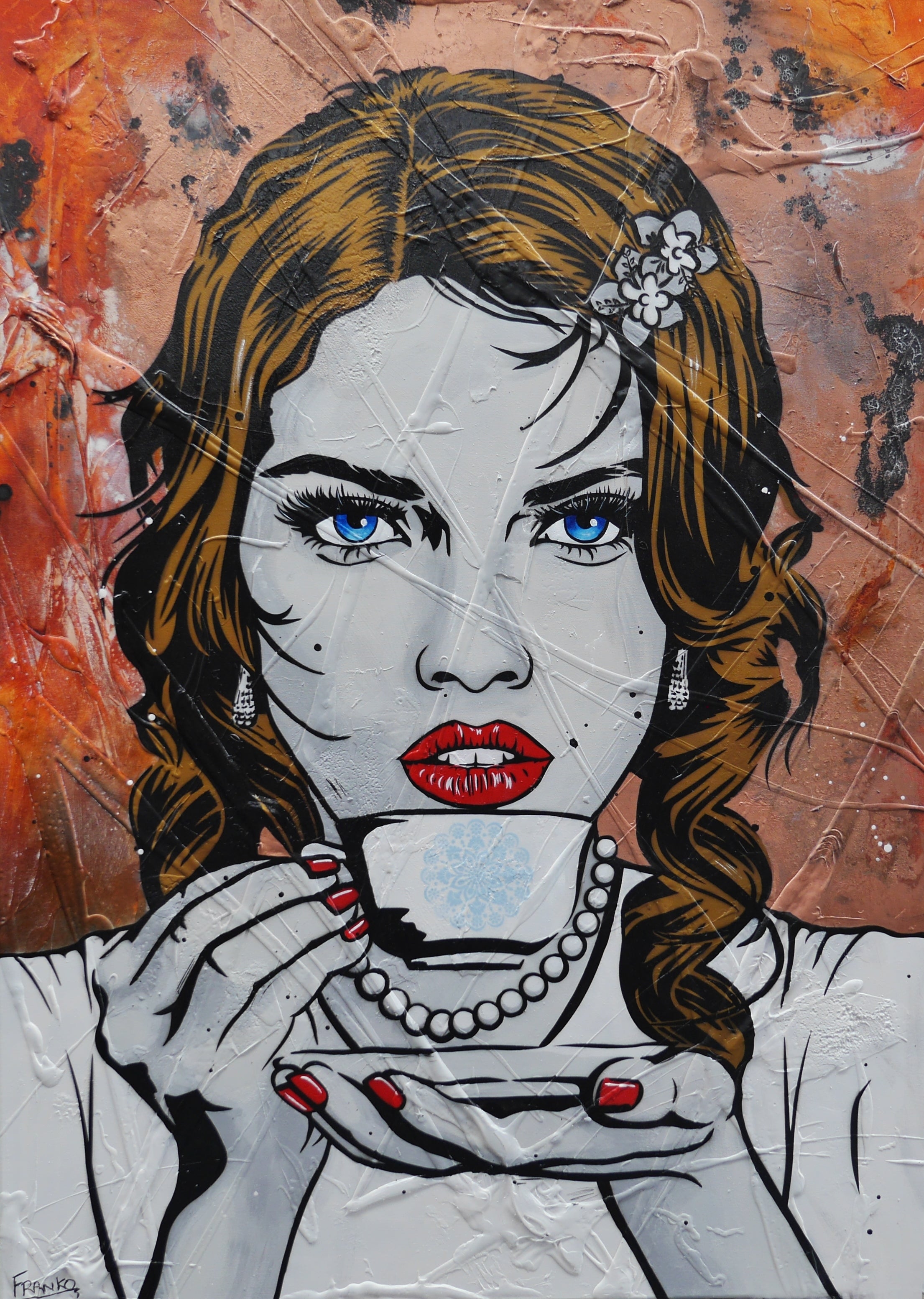 Ahhh! 140cm x 100cm Coffee Girl Textured Urban Pop Art Painting (SOLD)