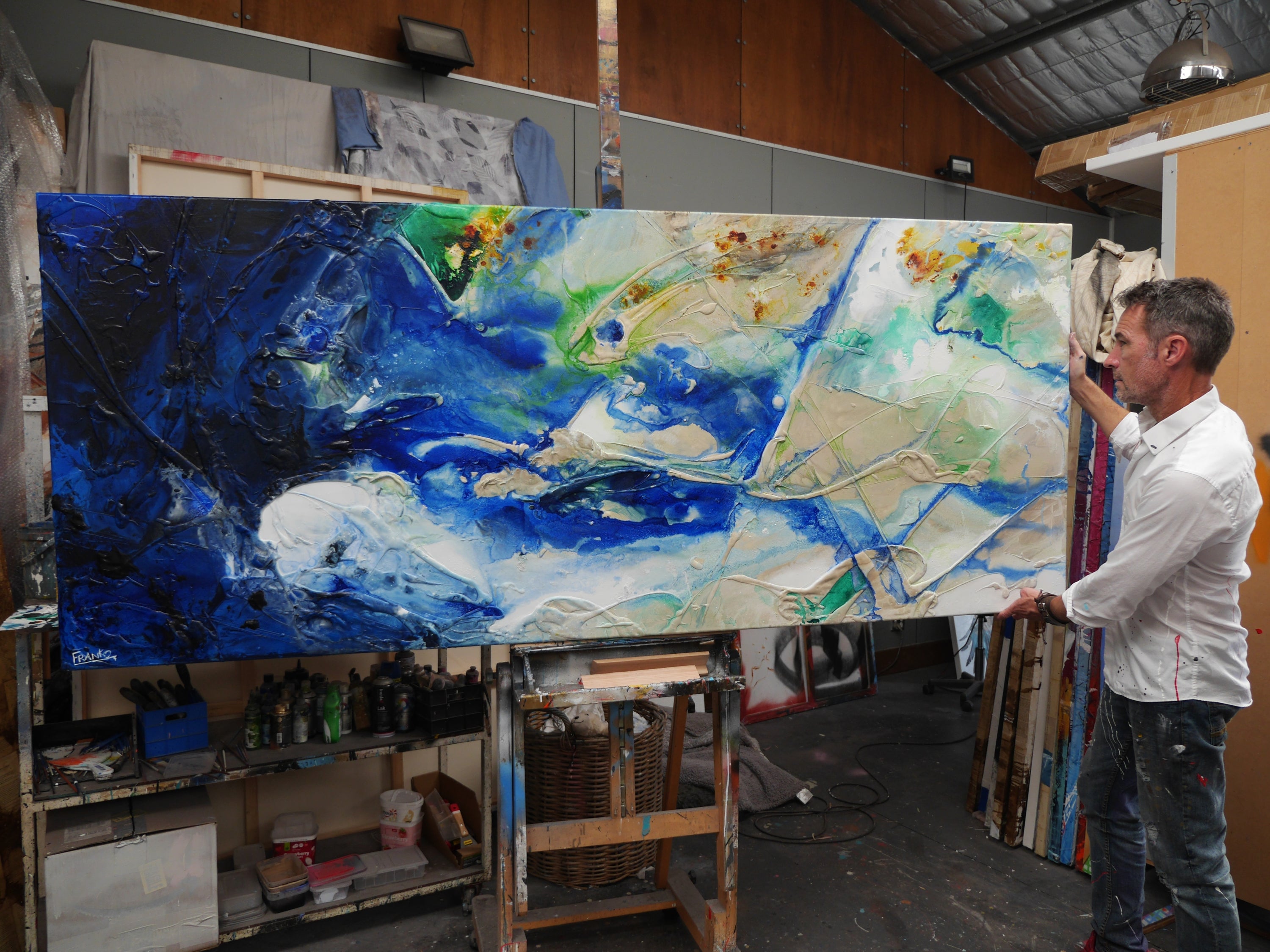 The Natural 240cm x 100cm Blue Green Cream Textured Abstract Painting (SOLD)-Abstract-[Franko Artist]-[Gold Coast]-[Brisbane]-[Huge]-Franklin Art Studio