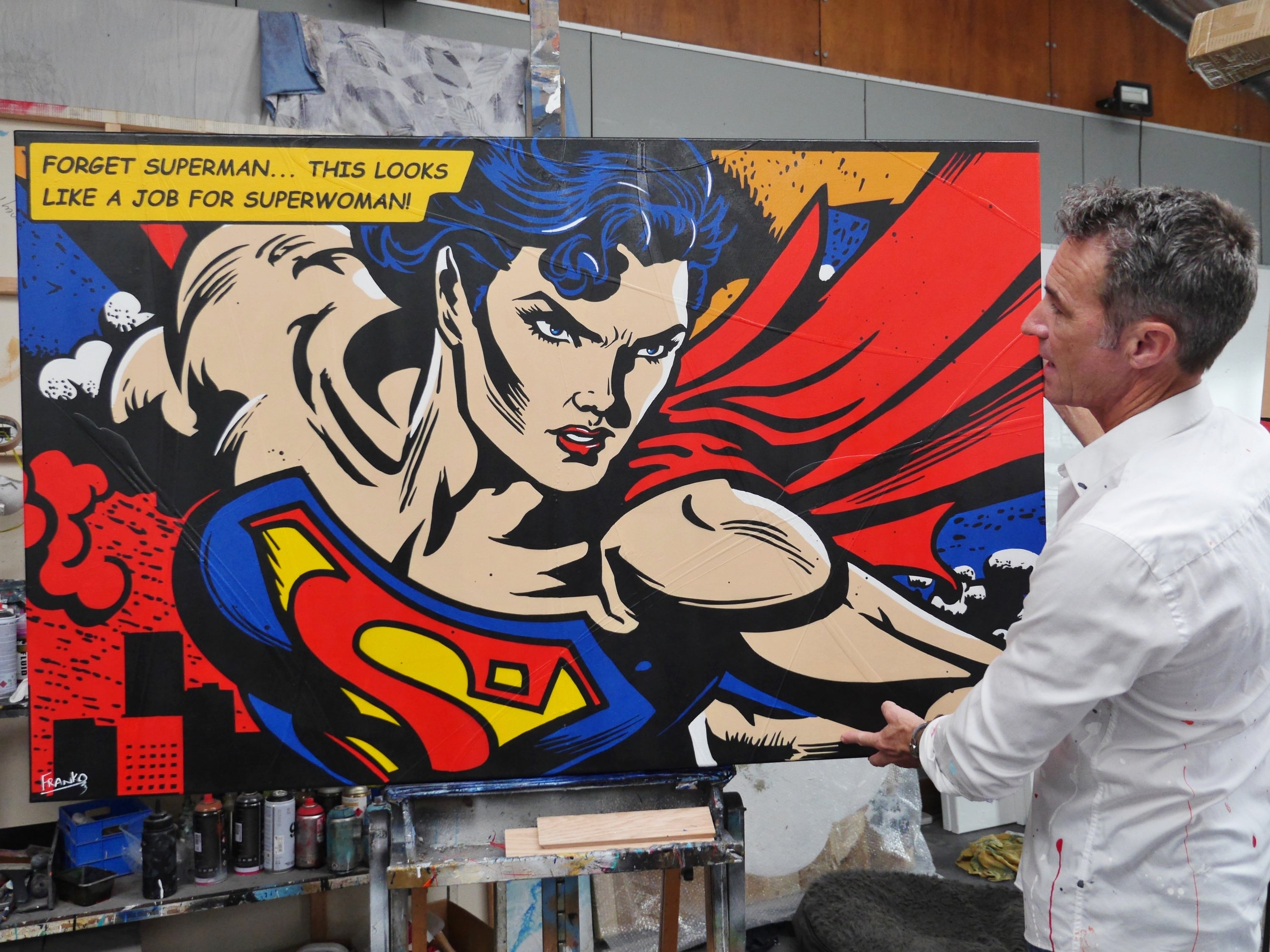 Superwoman 160cm x 100cm Comic Woman Textured Urban Pop Art Painting-Urban Pop Art-[Franko]-[Australian]-[Popular]-[Best Selling]-Franklin Art Studio