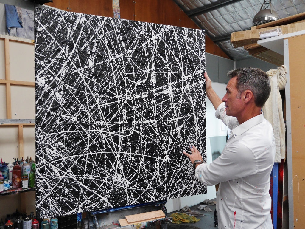 Brainiac 120cm x 120cm Black White Textured Abstract Painting (SOLD)-Abstract-[Franko Artist]-[Gold Coast]-[Brisbane]-[Huge]-Franklin Art Studio