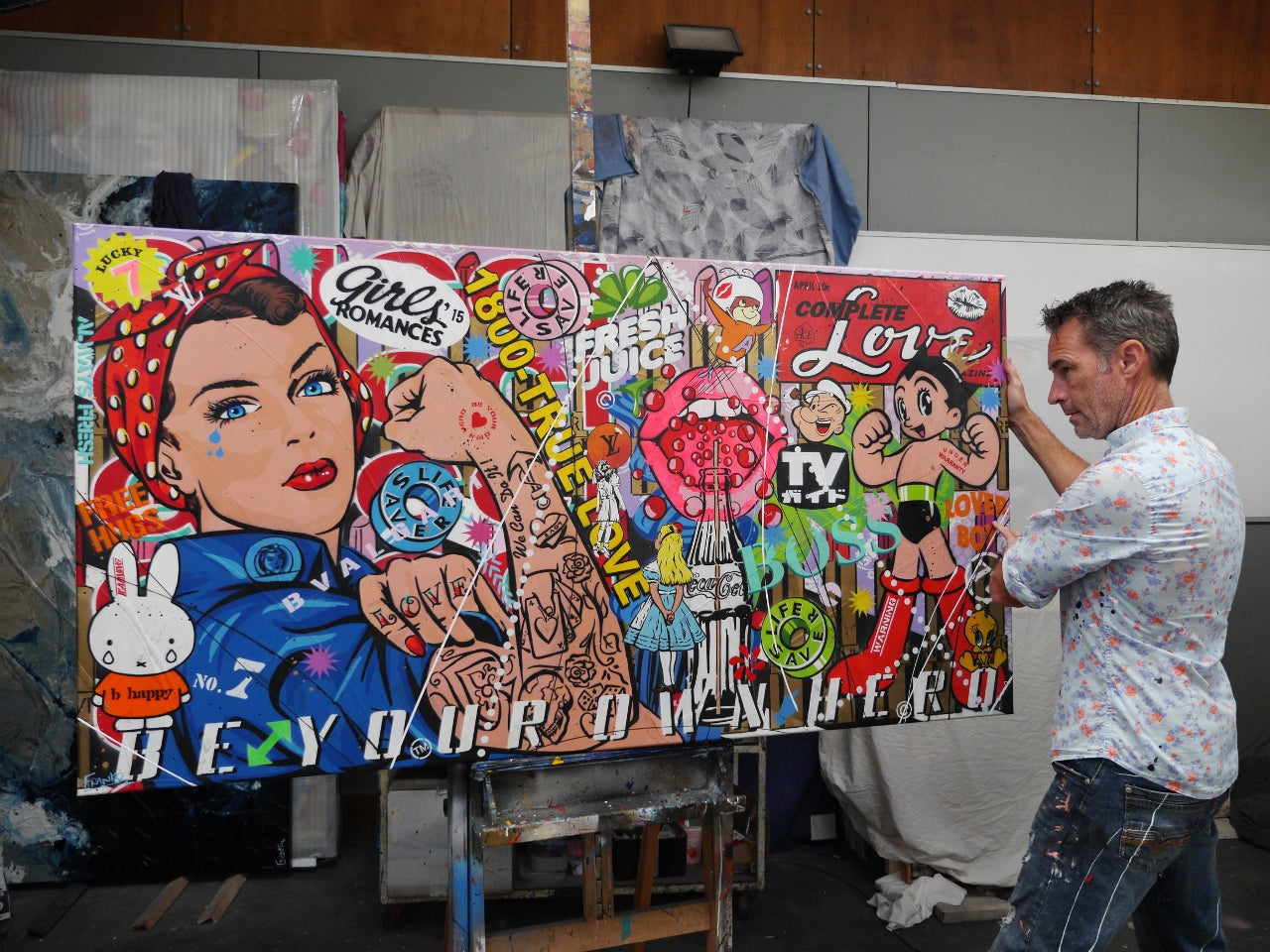 Rosie Rapture 190cm x 100cm Rosie the Riveter Textured Urban Pop Art Painting (SOLD)-Urban Pop Art-[Franko Artist]-[Gold Coast]-[Brisbane]-[Huge]-Franklin Art Studio