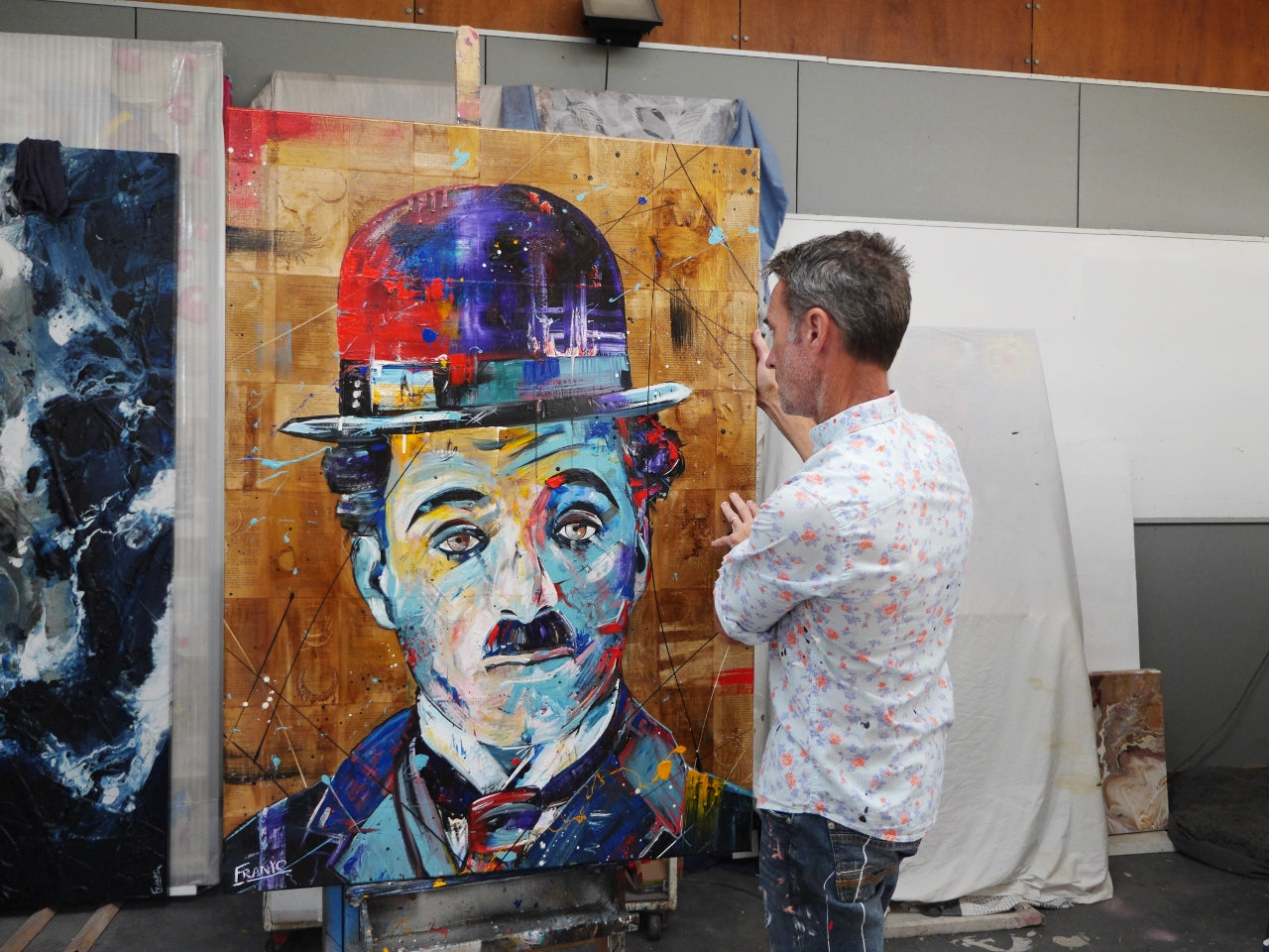 Blue Charlie 140cm x 100cm Charlie Chaplin Abstract Realism Book Club Painting (SOLD)-book club-[Franko Artist]-[Gold Coast]-[Brisbane]-[Huge]-Franklin Art Studio