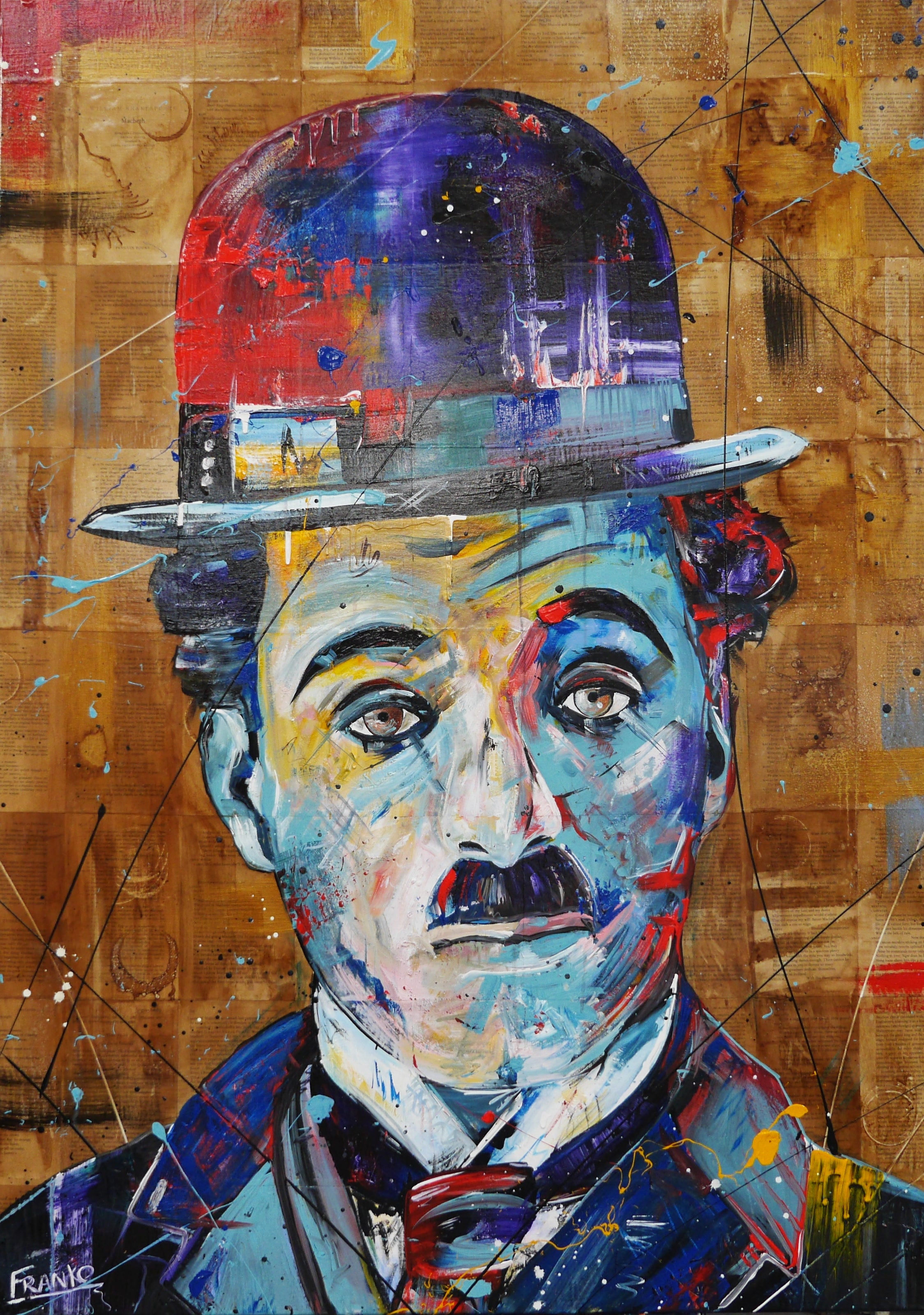 Blue Charlie 140cm x 100cm Charlie Chaplin Abstract Realism Book Club Painting (SOLD)-book club-[Franko ]-[Gallery]-[popular]-[Australia]-Franklin Art Studio
