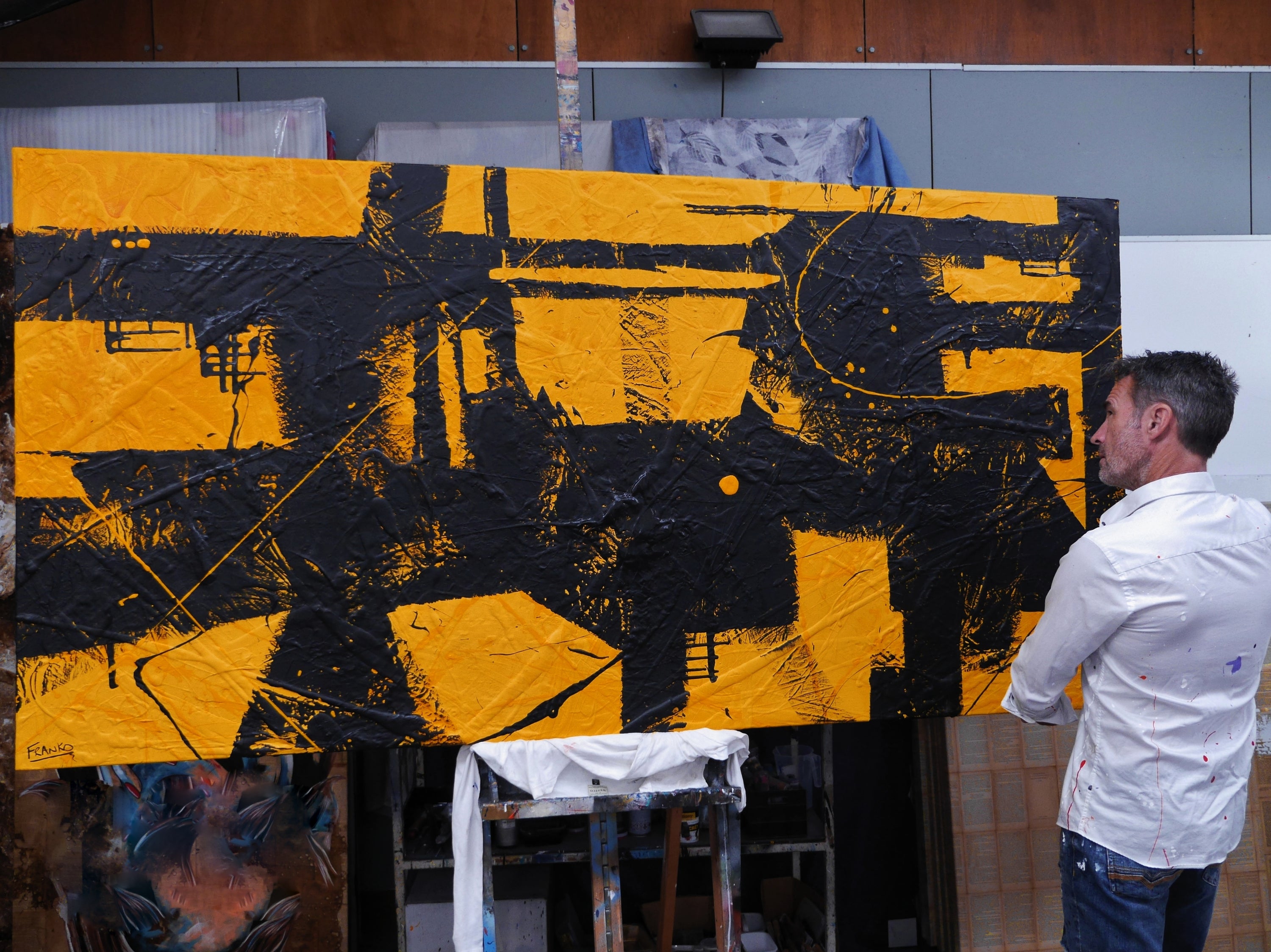 Stay Golden 240cm x 120cm Black and Yellow Textured Abstract Painting