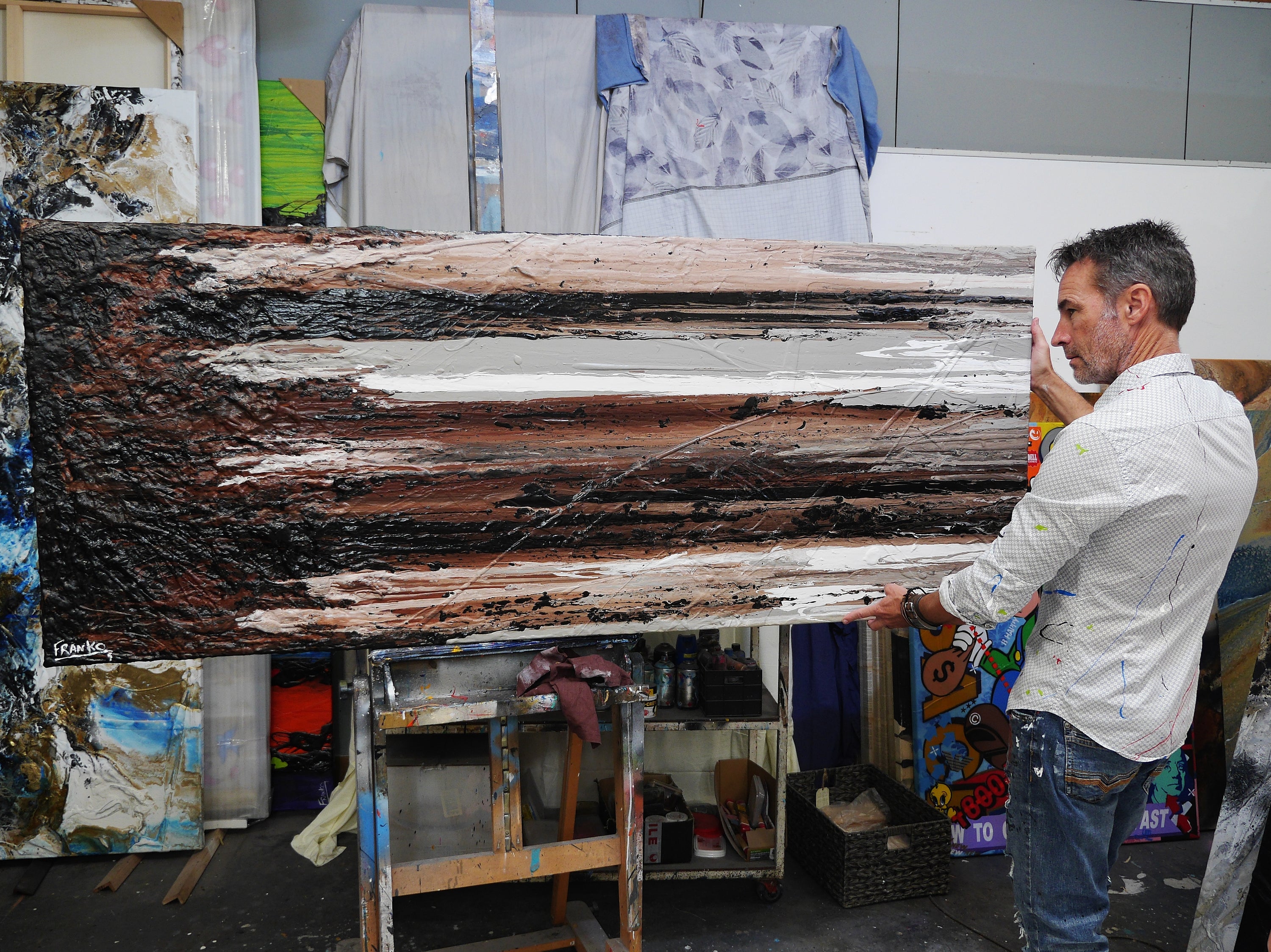 Perfectly Tuned 200cm x 80cm Brown White Black Rust Grey Textured Abstract Painting-Abstract-[Franko]-[Australian]-[Popular]-[Best Selling]-Franklin Art Studio