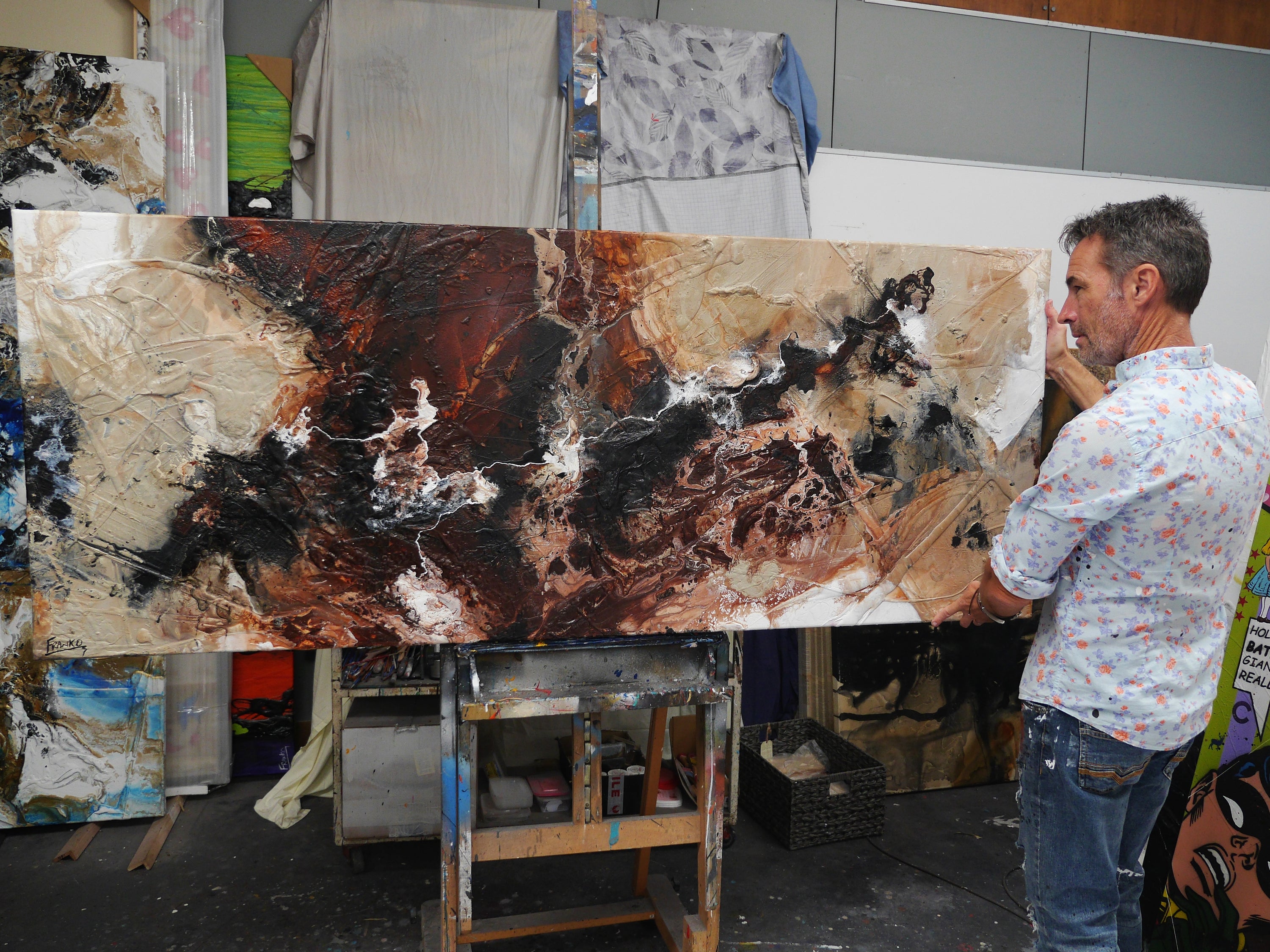 Intervention 200cm x 80cm Umber Brown Grey Bone Black White Textured Abstract Painting (SOLD)