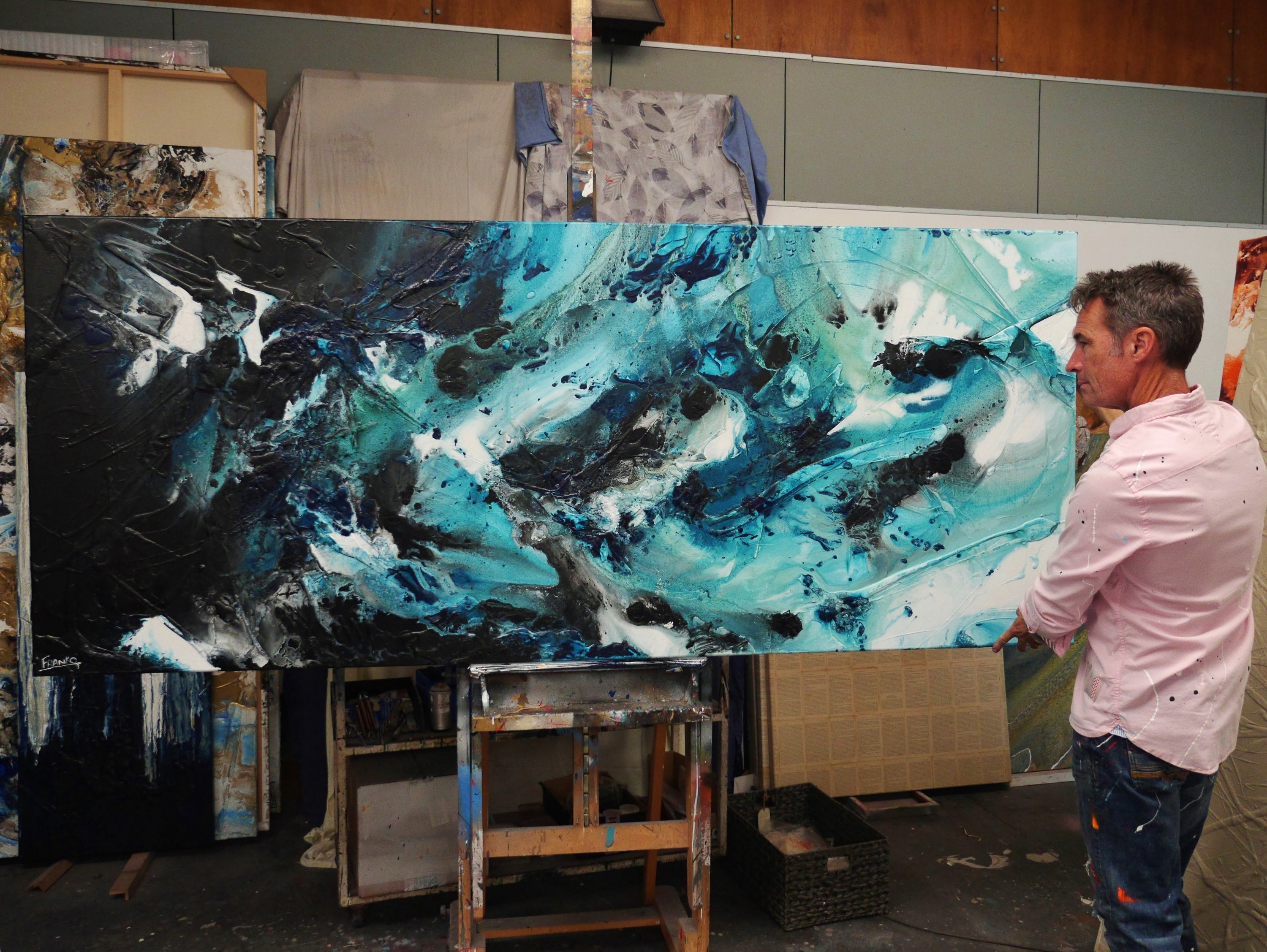 Southern Impact 240cm x 100cm Teal Black Textured Abstract Painting (SOLD)-Abstract-[Franko Artist]-[Gold Coast]-[Brisbane]-[Huge]-Franklin Art Studio