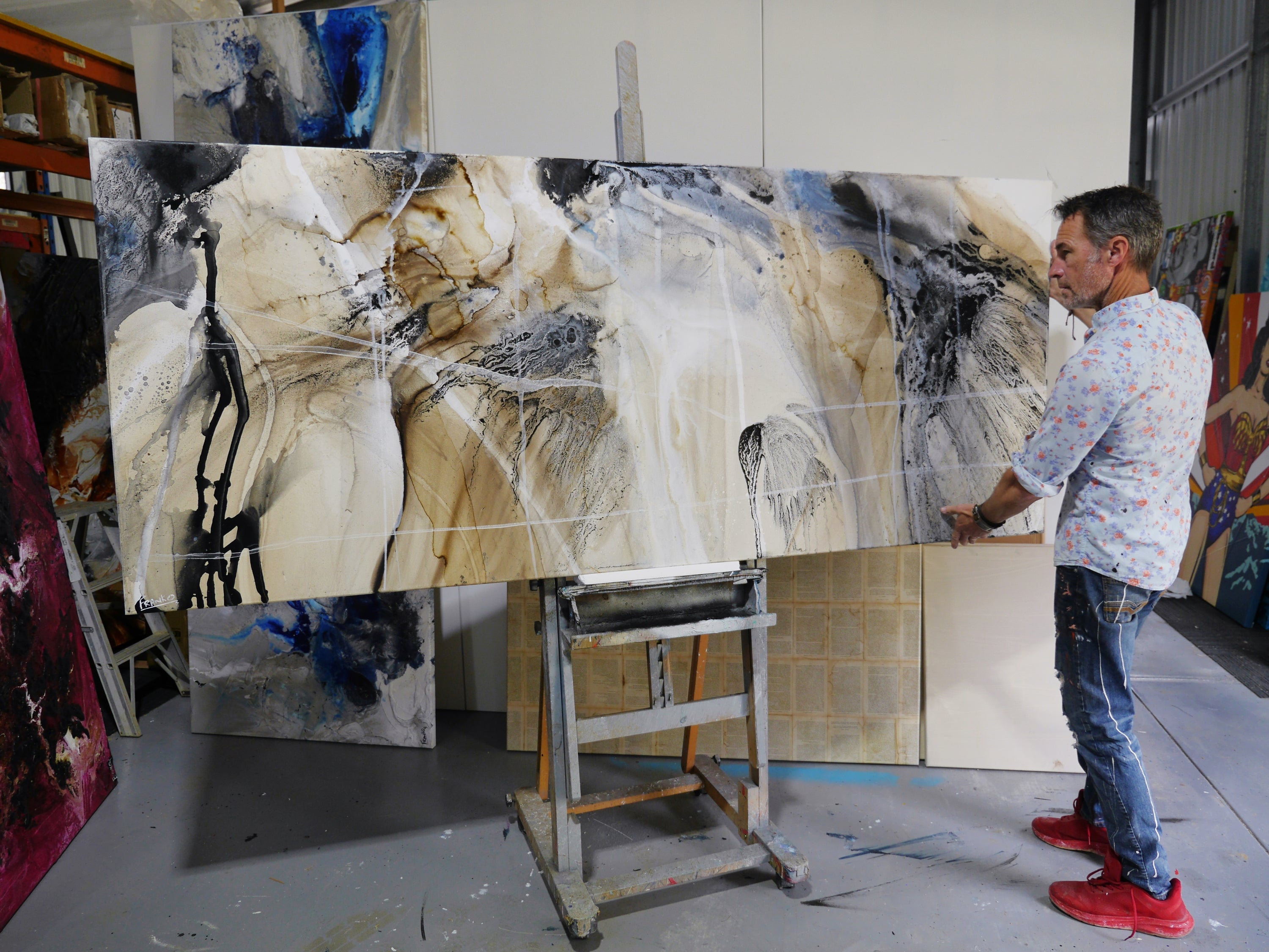 Refined 672 240cm x 100cm Blue Rust Cream White Blended Abstract Painting-Abstract-[Franko]-[Australian]-[Popular]-[Best Selling]-Franklin Art Studio