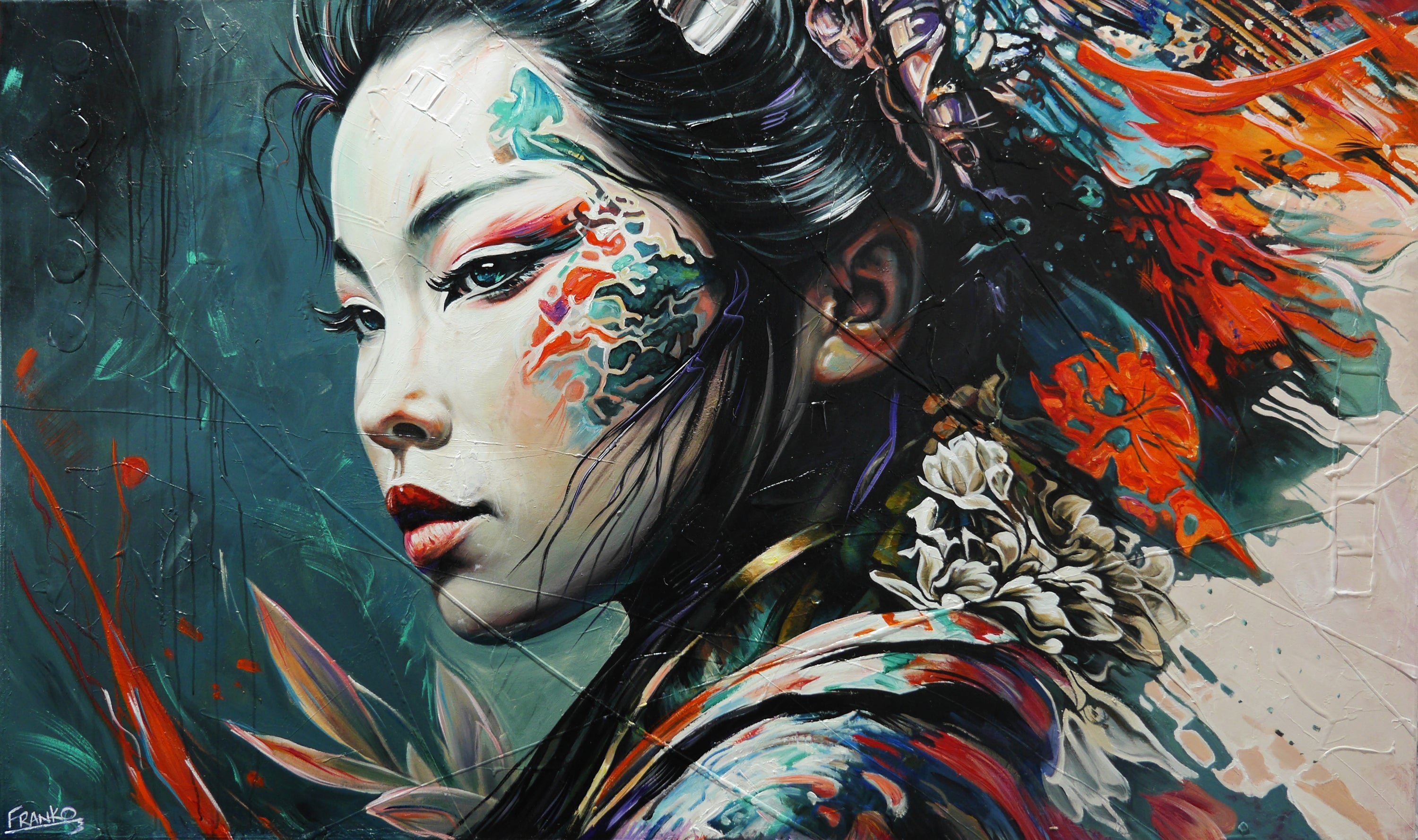 Amane 200cm x 120cm FRAMED IN OAK Warrior Abstract Realism Art Acrylic Textured Glossed (SOLD)-Abstract-[Franko ]-[Gallery]-[popular]-[Australia]-Franklin Art Studio