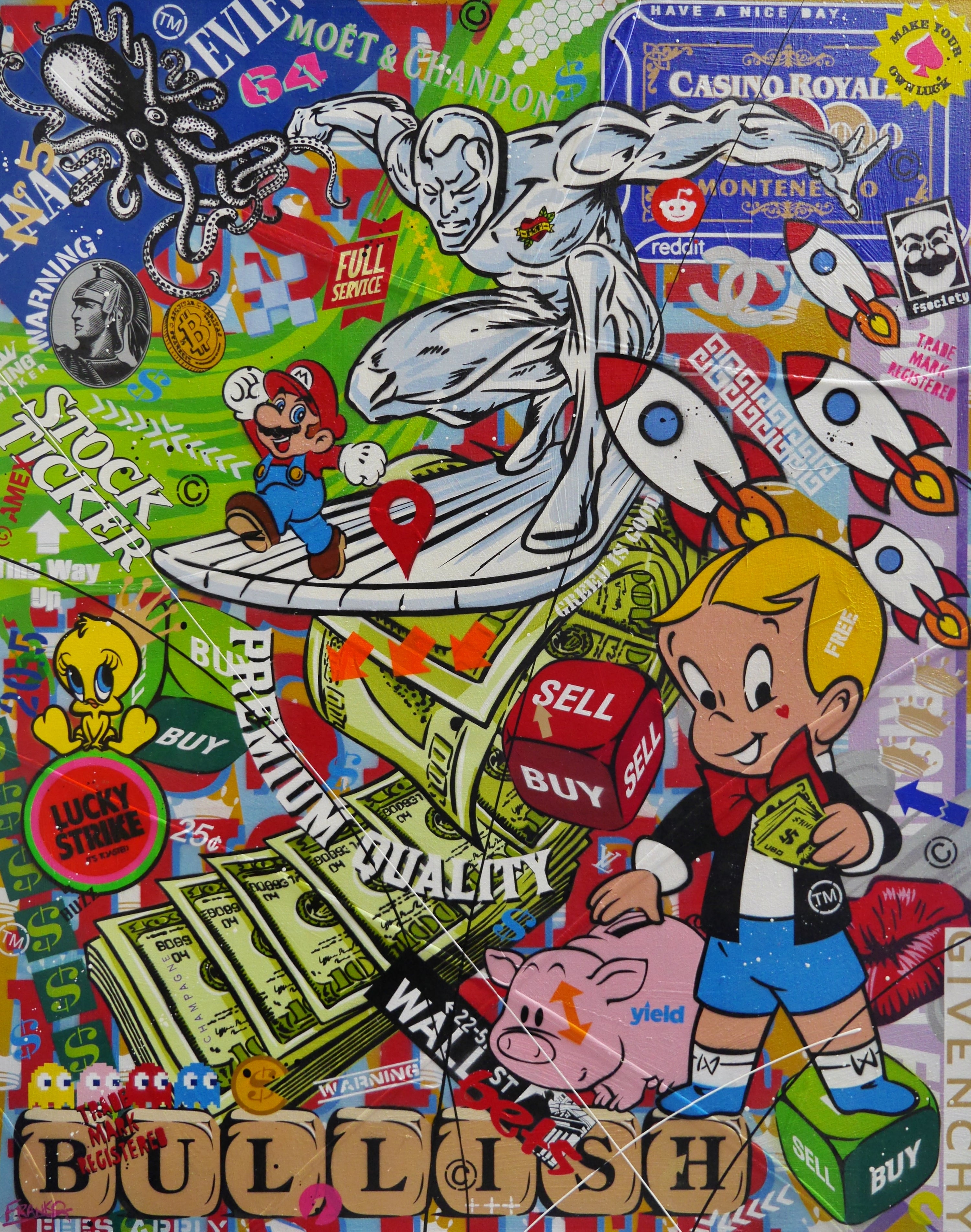 The Money Wave 120cm x 150cm Monopoly Man Textured Urban Pop Art Painting-Urban Pop Art-[Franko]-[Australian Artist]-[Large]-[Popular]-Franklin Art Studio