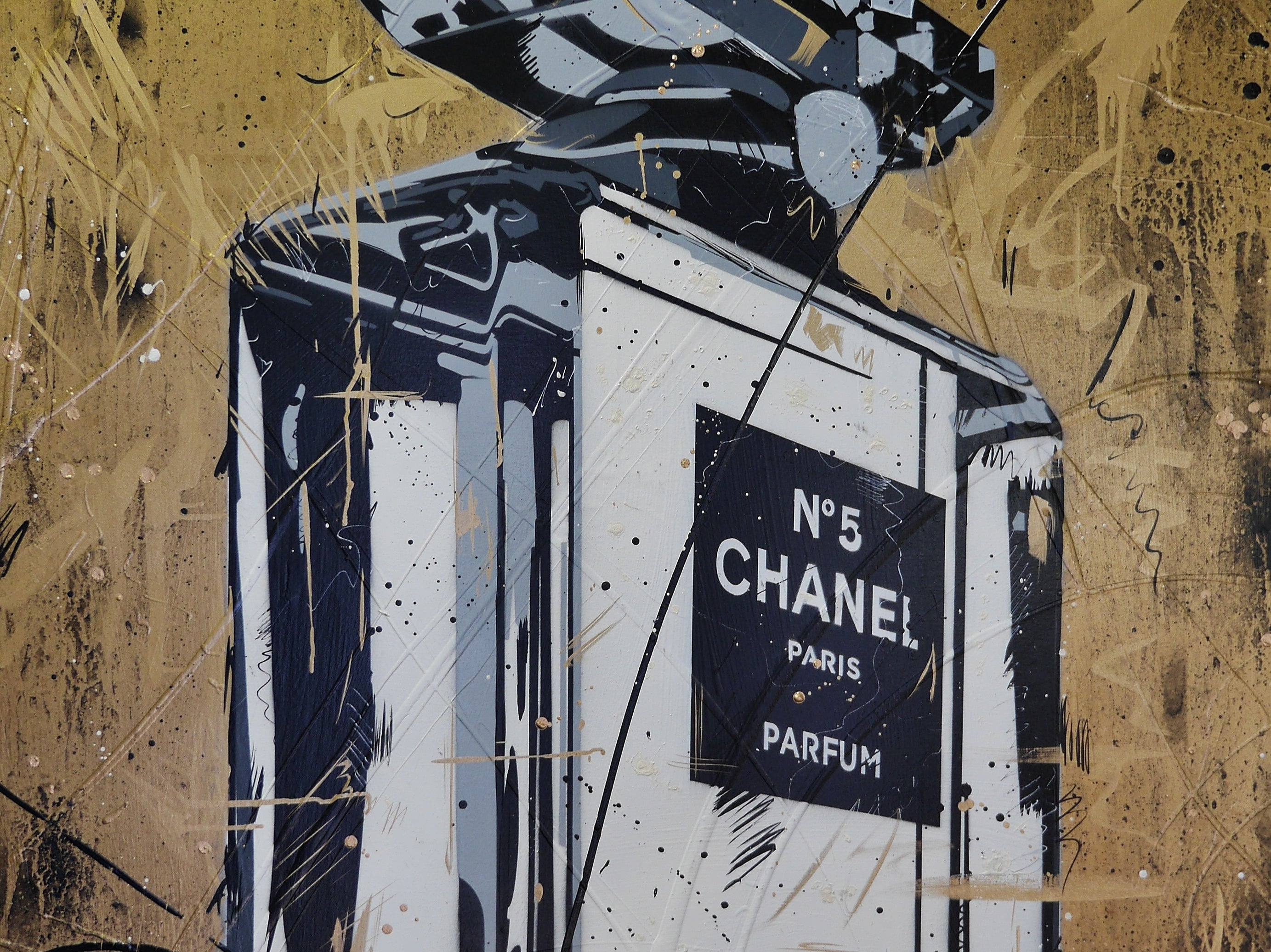 Rolled Gold 140cm x 100cm Metallic Gold Perfume Bottle Textured Urban Pop Art Painting