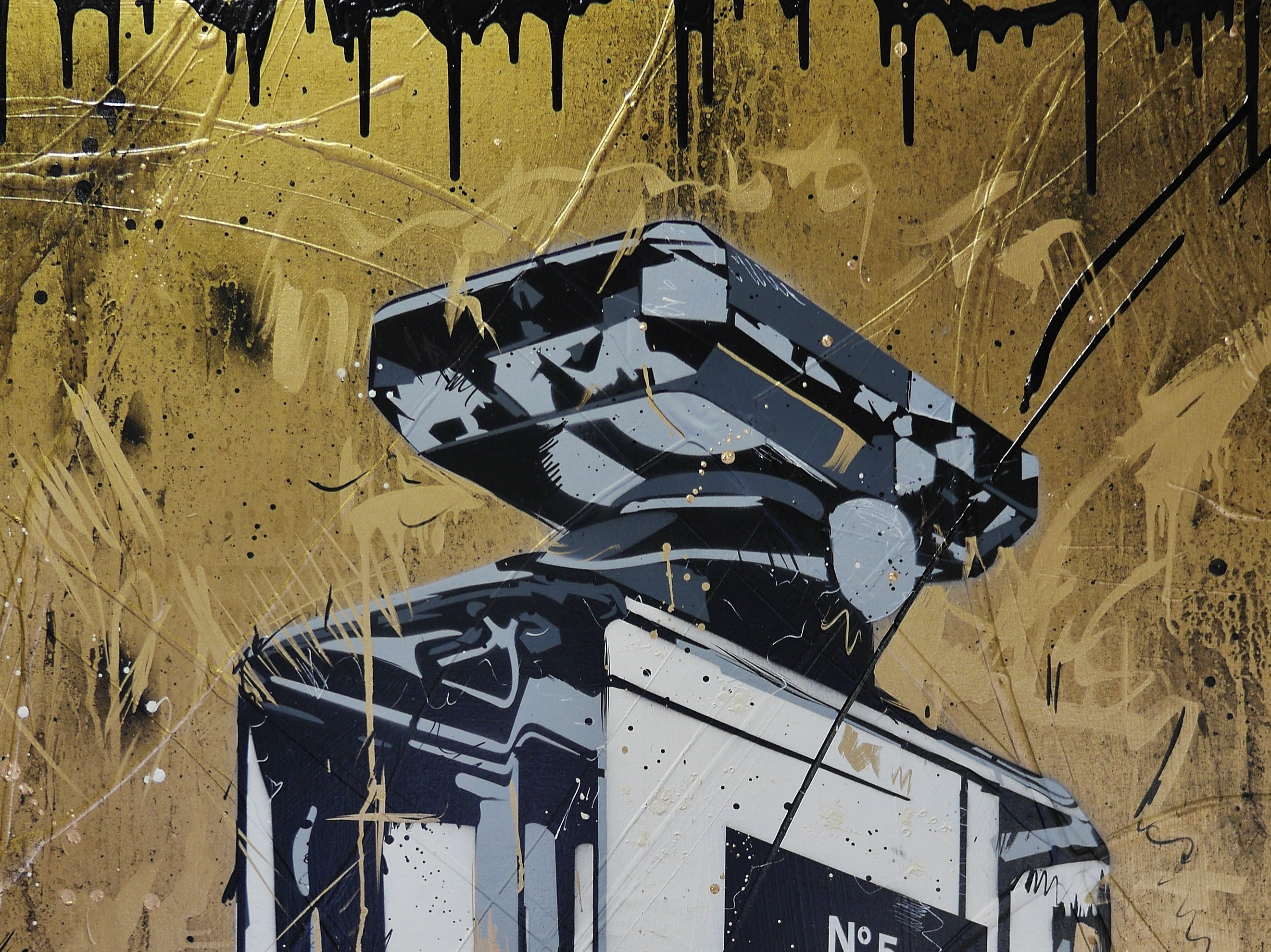 Rolled Gold 140cm x 100cm Metallic Gold Perfume Bottle Textured Urban Pop Art Painting