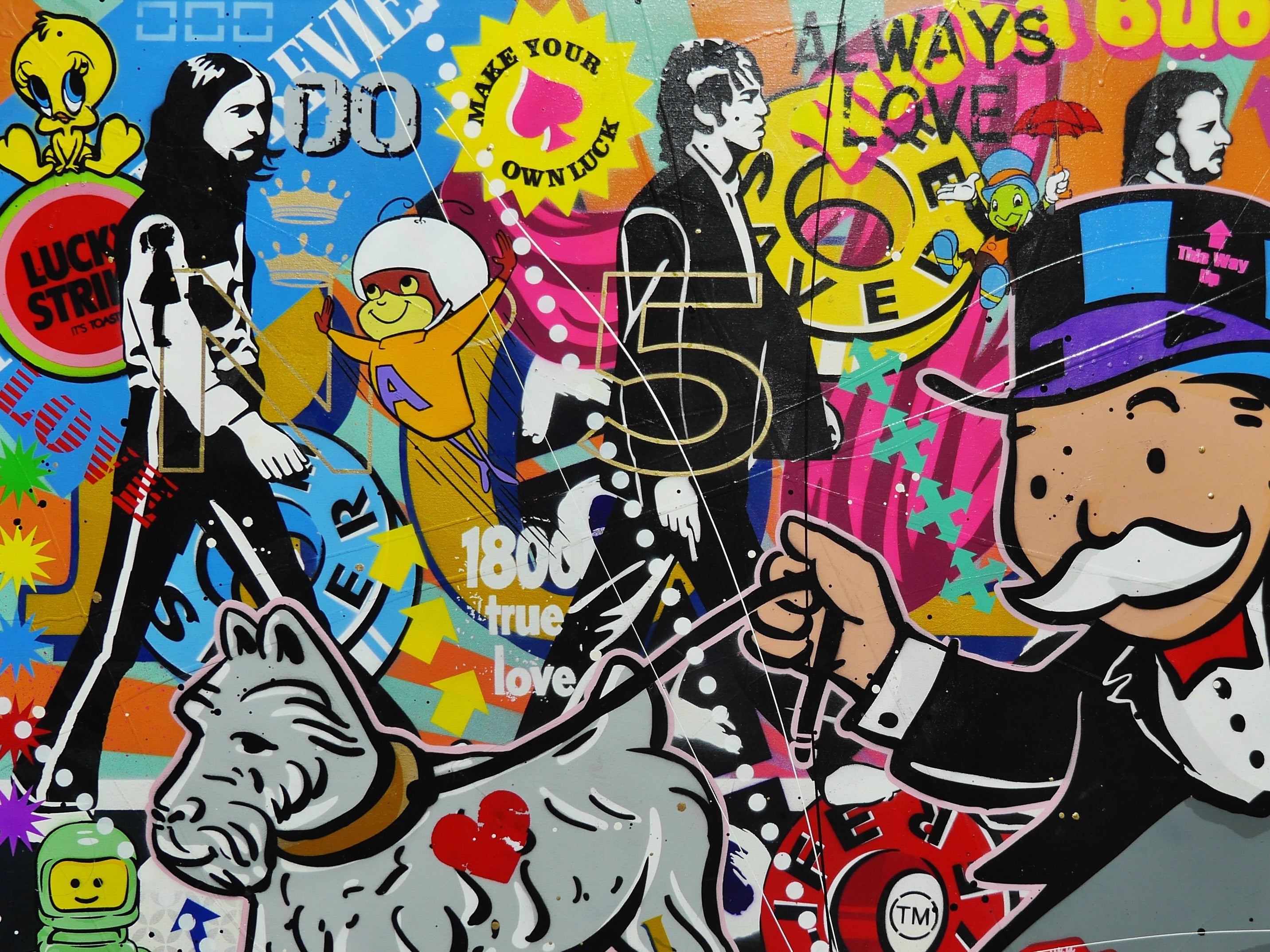 ネオヴィンテージ、80’s、デザイン・トルソー、ポストモダン、シティポップ、 Abbey Road Days 160cm x 100cm Monopoly Man Textured Urban Pop Art