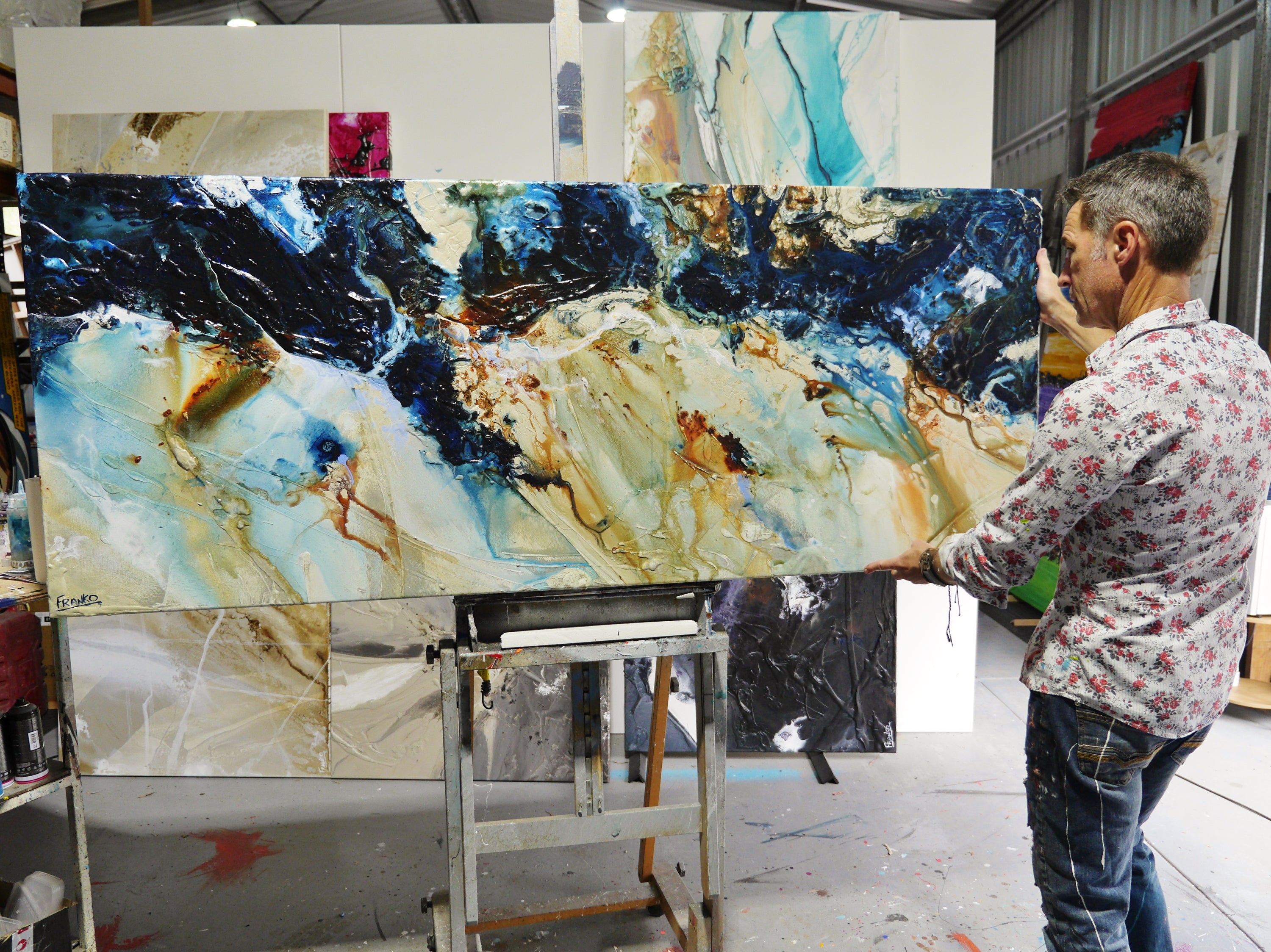 After Midnight 200cm x 80cm Blue Ochre Textured Abstract Painting (SOLD)