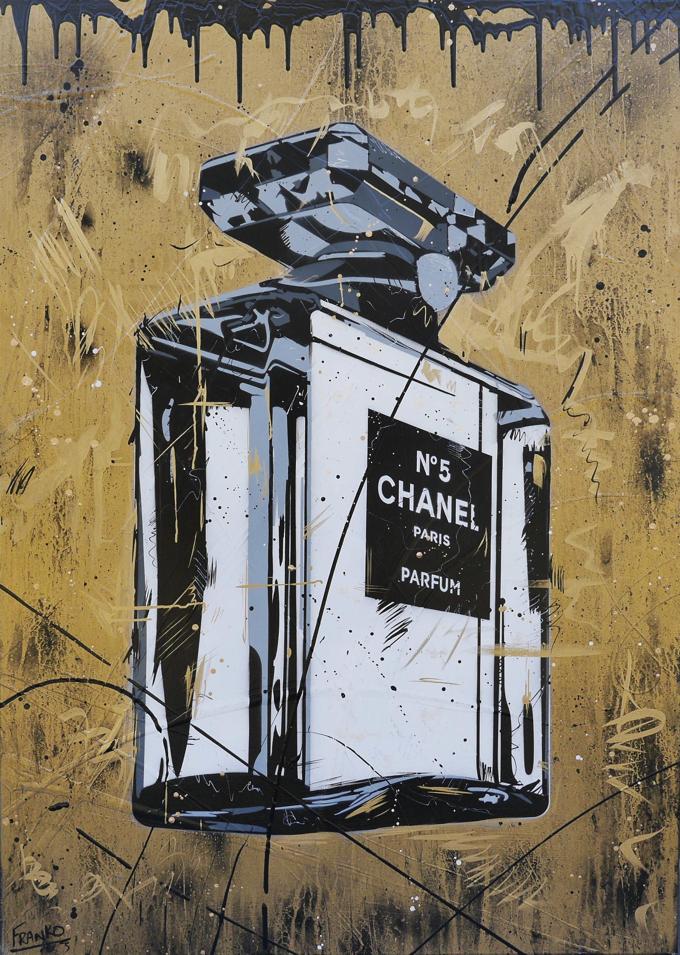 Rolled Gold 140cm x 100cm Metallic Gold Perfume Bottle Textured Urban Pop Art Painting