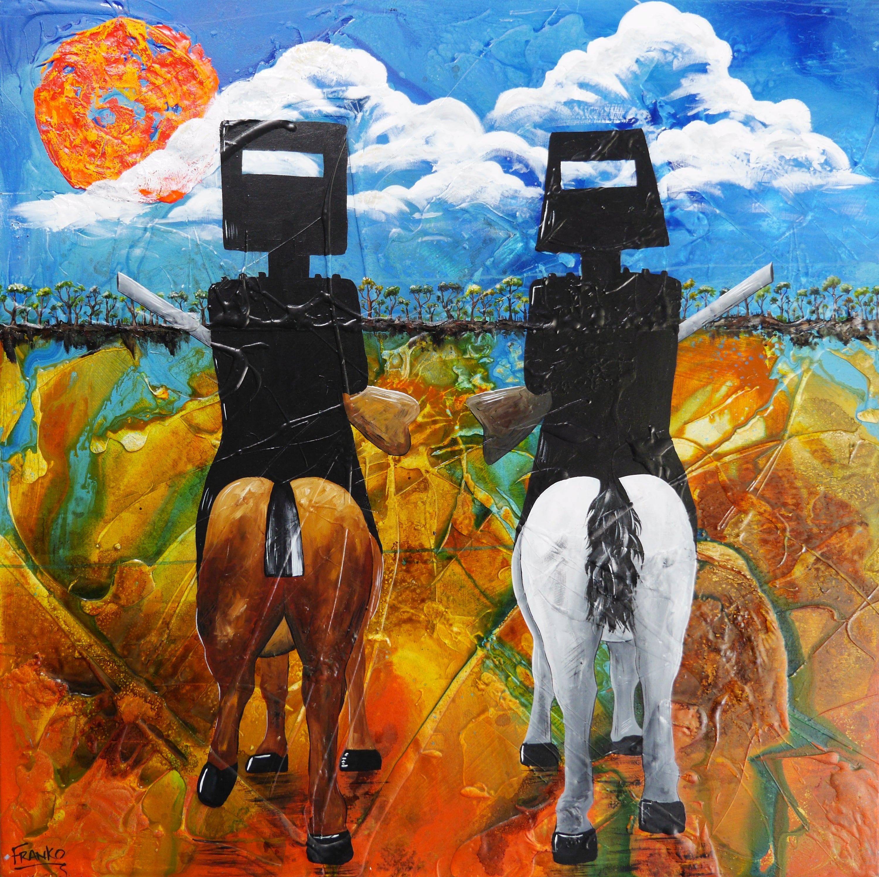 Brothers in the Bush 120cm x 120cm Ned Kelly Abstract Realism Textured Painting (SOLD)