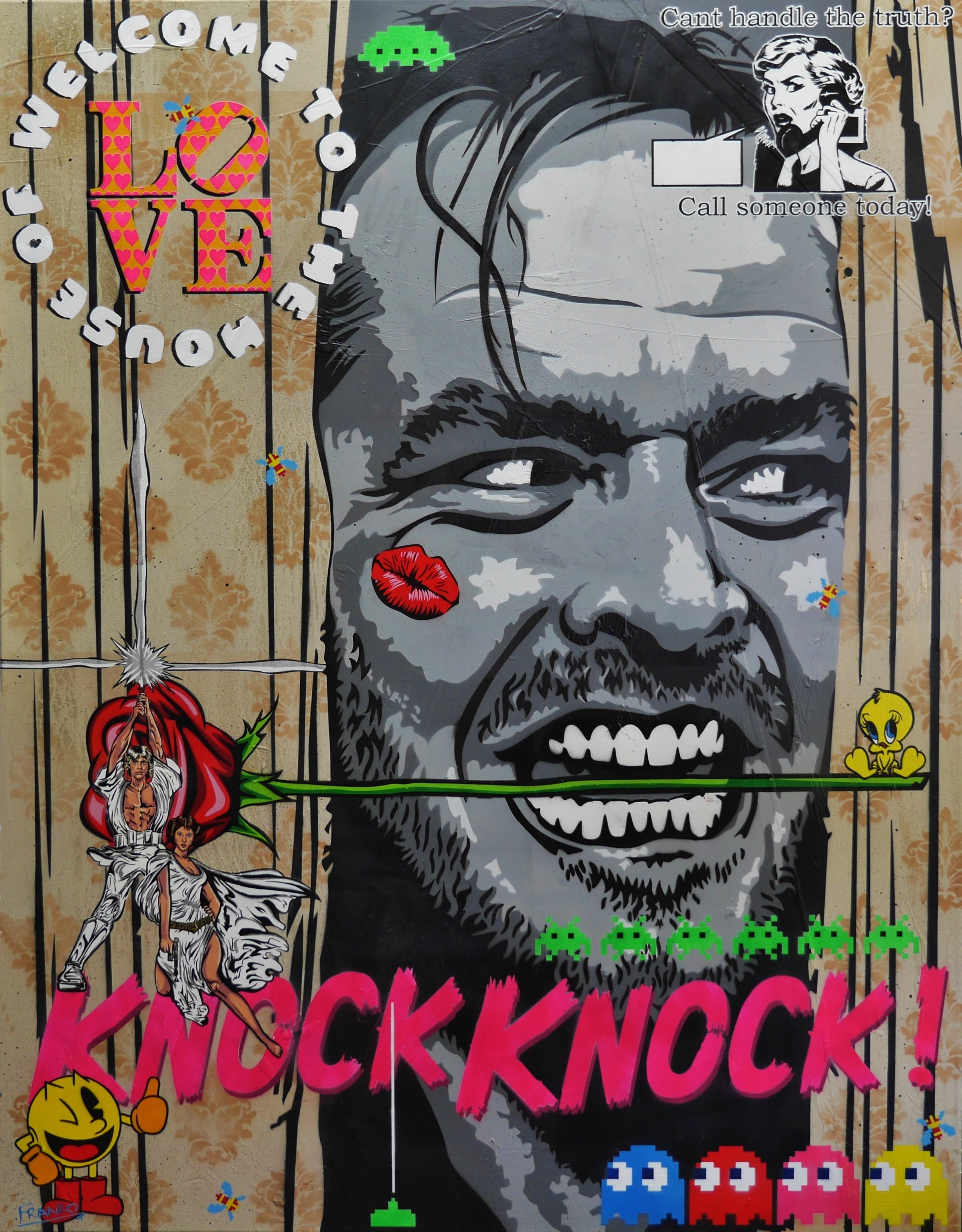 Calling Johnny 140cm x 180cm The Shining Textured Urban Pop Art Painting-Urban Pop Art-[Franko_Artist]-[Australian_artist]-[Gold_Coast]-[Brisbane]-[modern]-[contemporary]-[original]-[Large_artwork]-Franklin Art Studio