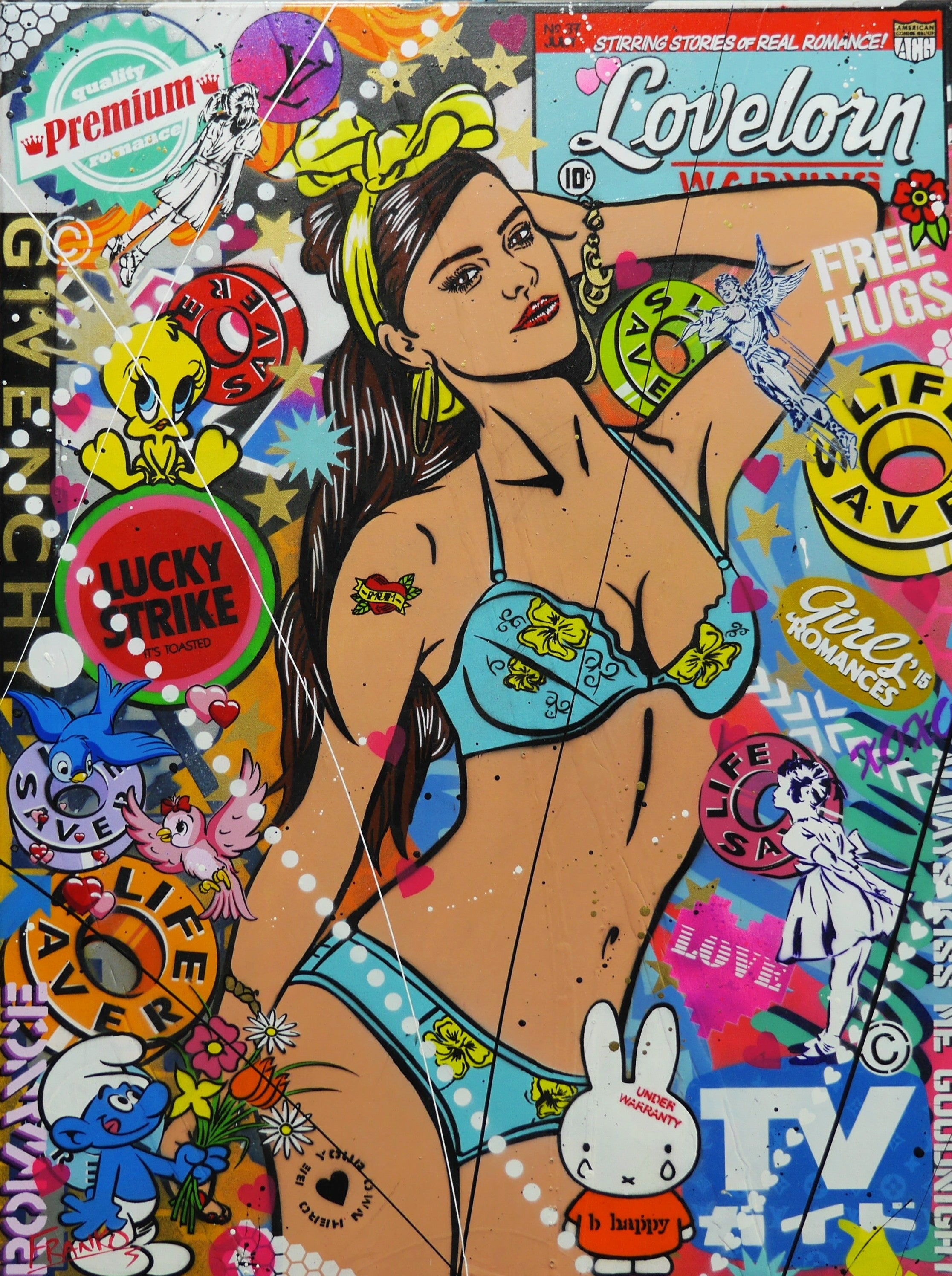 Bikini Clad 75cm x 100cm Textured Urban Pop Art Painting-Urban Pop Art-[Franko_Artist]-[Australian_artist]-[Gold_Coast]-[Brisbane]-[modern]-[contemporary]-[original]-[Large_artwork]-Franklin Art Studio
