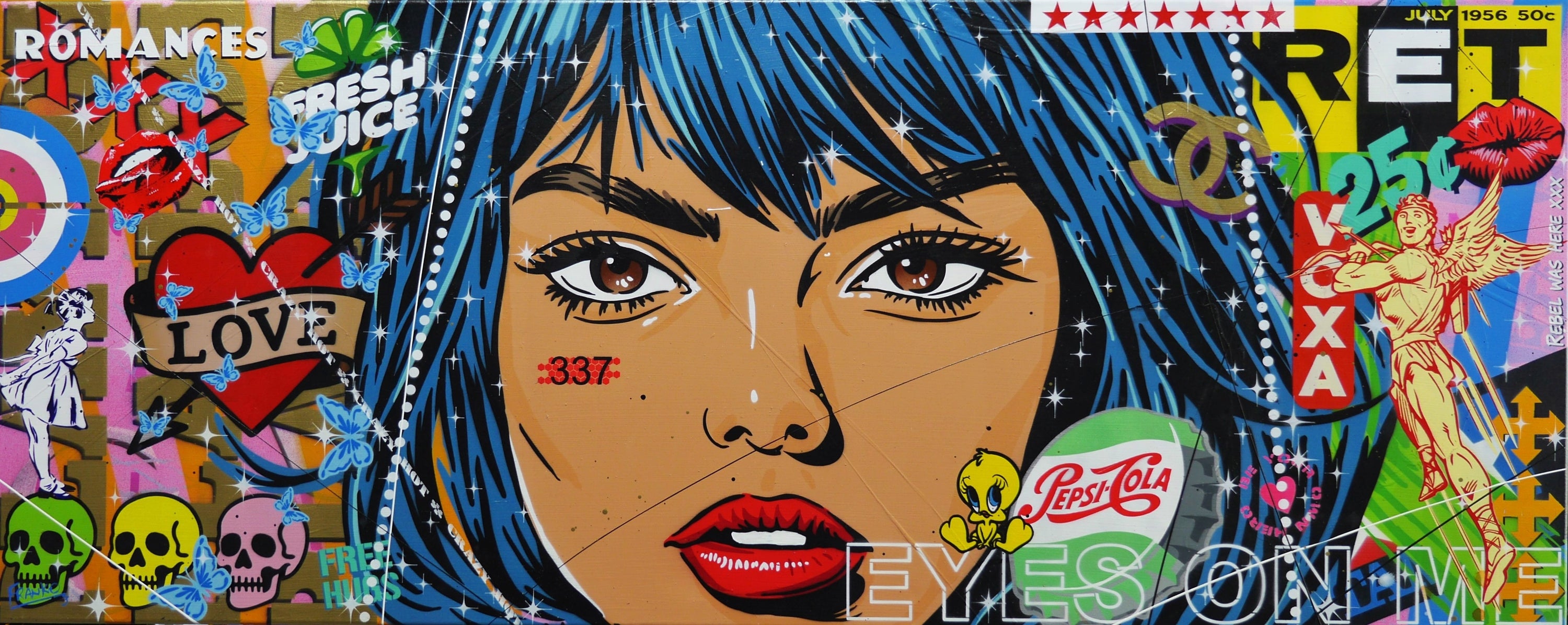 All Eyes On Me 200cm x 80cm Textured Urban Pop Art Painting-Urban Pop Art-[Franko_Artist]-[Australian_artist]-[Gold_Coast]-[Brisbane]-[modern]-[contemporary]-[original]-[Large_artwork]-Franklin Art Studio