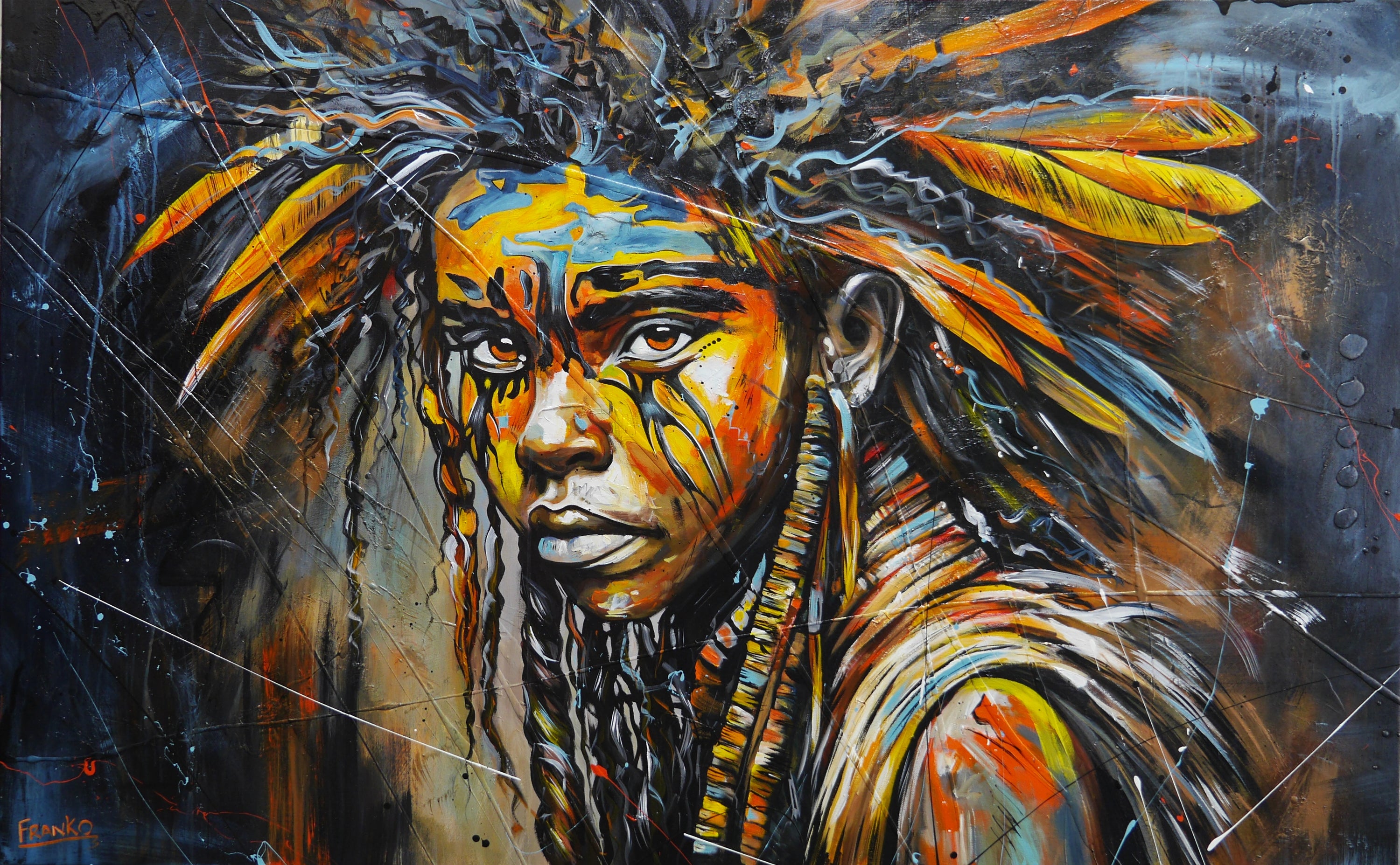 Warrior Blu 160cm x 100cm FRAMED Warrior Boy Abstract Realism Textured Painting
