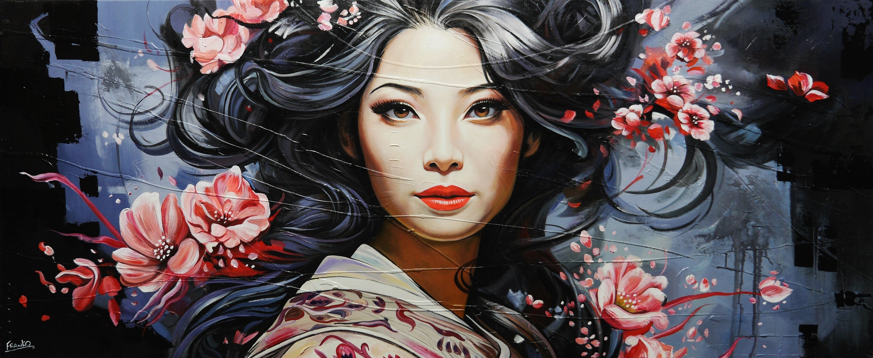 Kirei (Beautiful) 240cm x 100cm FRAME INC Geisha Abstract Realism Textured Painting