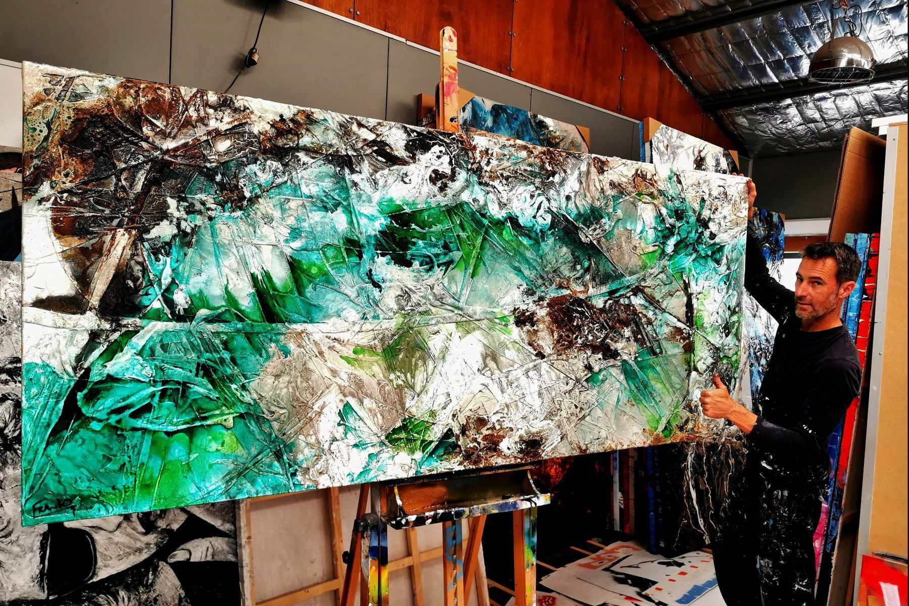 Palm Springs Bling 240cm x 100cm Cream Green Textured Abstract Painting (SOLD)-Abstract-[Franko Artist]-[Gold Coast]-[Brisbane]-[Huge]-Franklin Art Studio