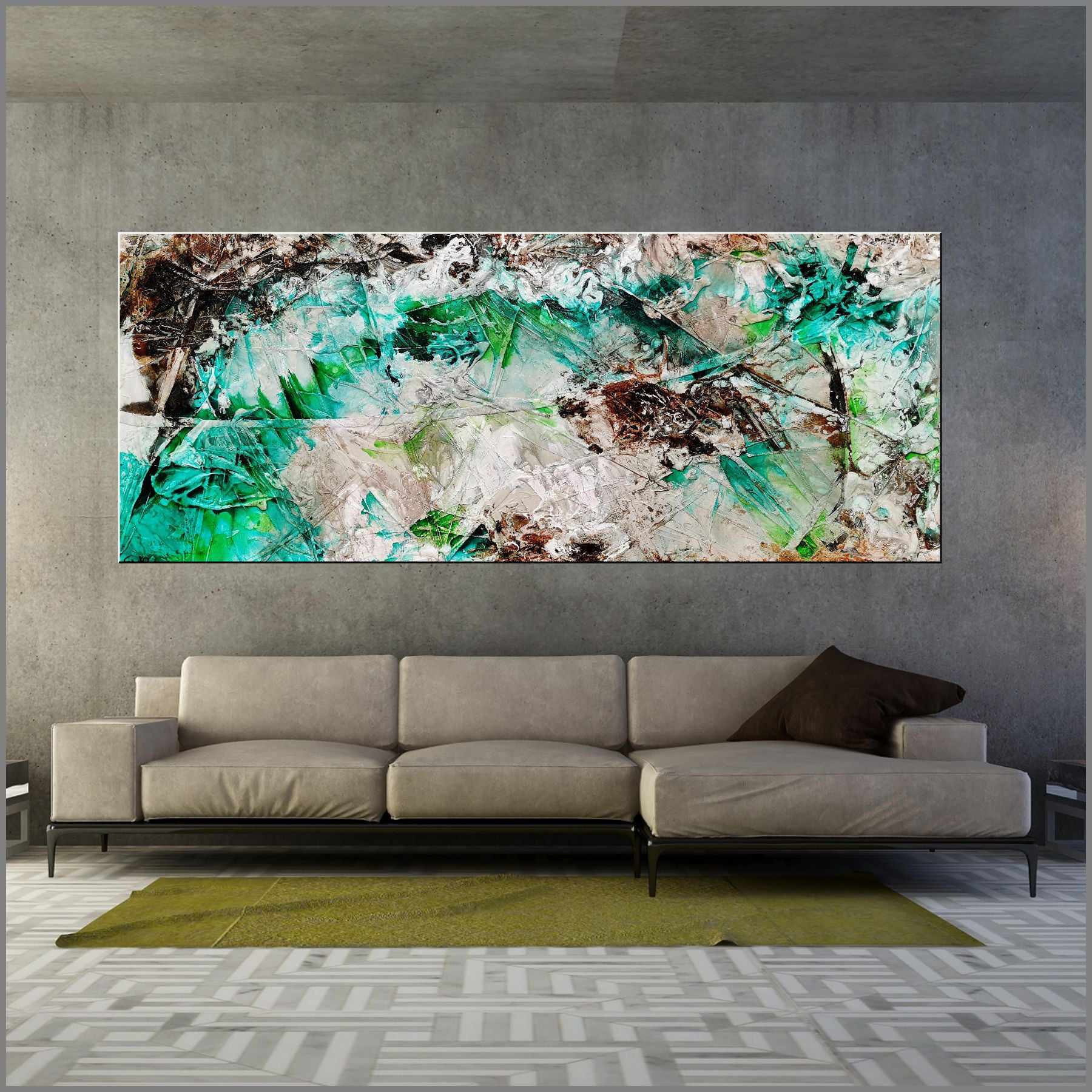 Palm Springs Bling 240cm x 100cm Cream Green Textured Abstract Painting (SOLD)-Abstract-Franko-[huge]-[Australian]-[best Selling]-Franklin Art Studio