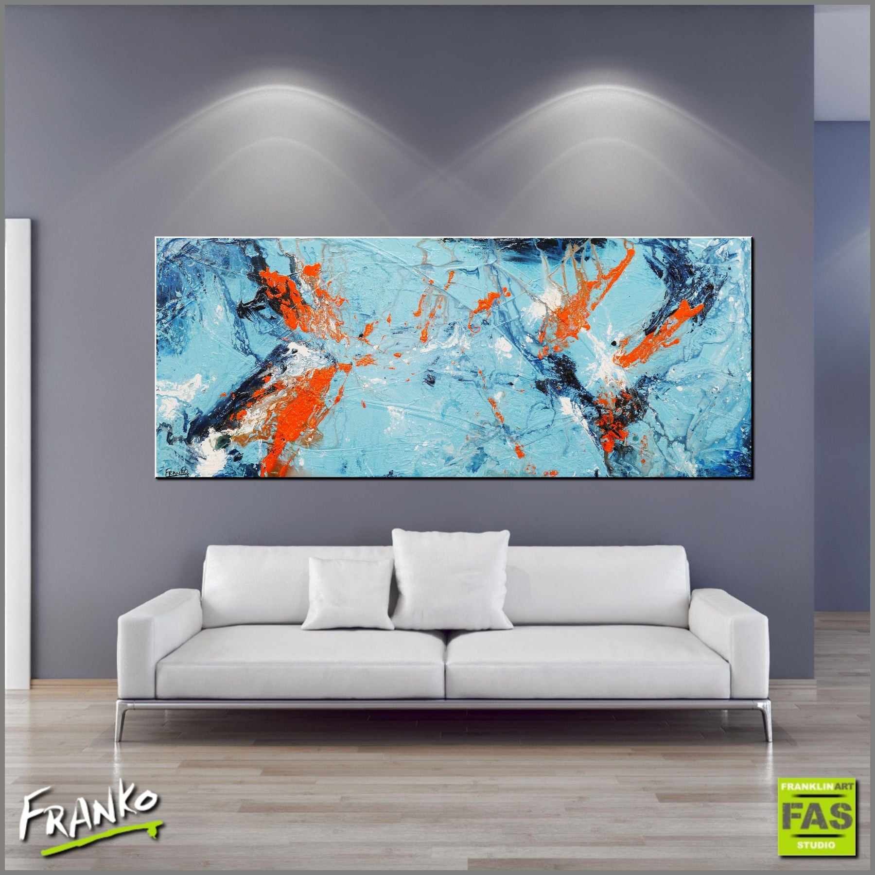 Paradise Blu 200cm x 80cm Blue Orange Abstract Painting (SOLD)-Abstract-Franko-[Franko]-[huge_art]-[Australia]-Franklin Art Studio
