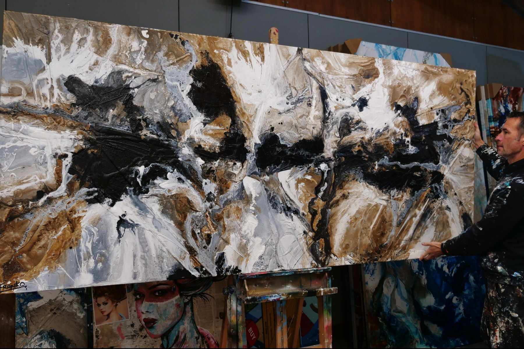 Peppered Raw 270cm x 120cm Rust White Black Textured Abstract Painting (SOLD)-Franklin Art Studio-[franko_artist]-[Art]-[interior_design]-Franklin Art Studio