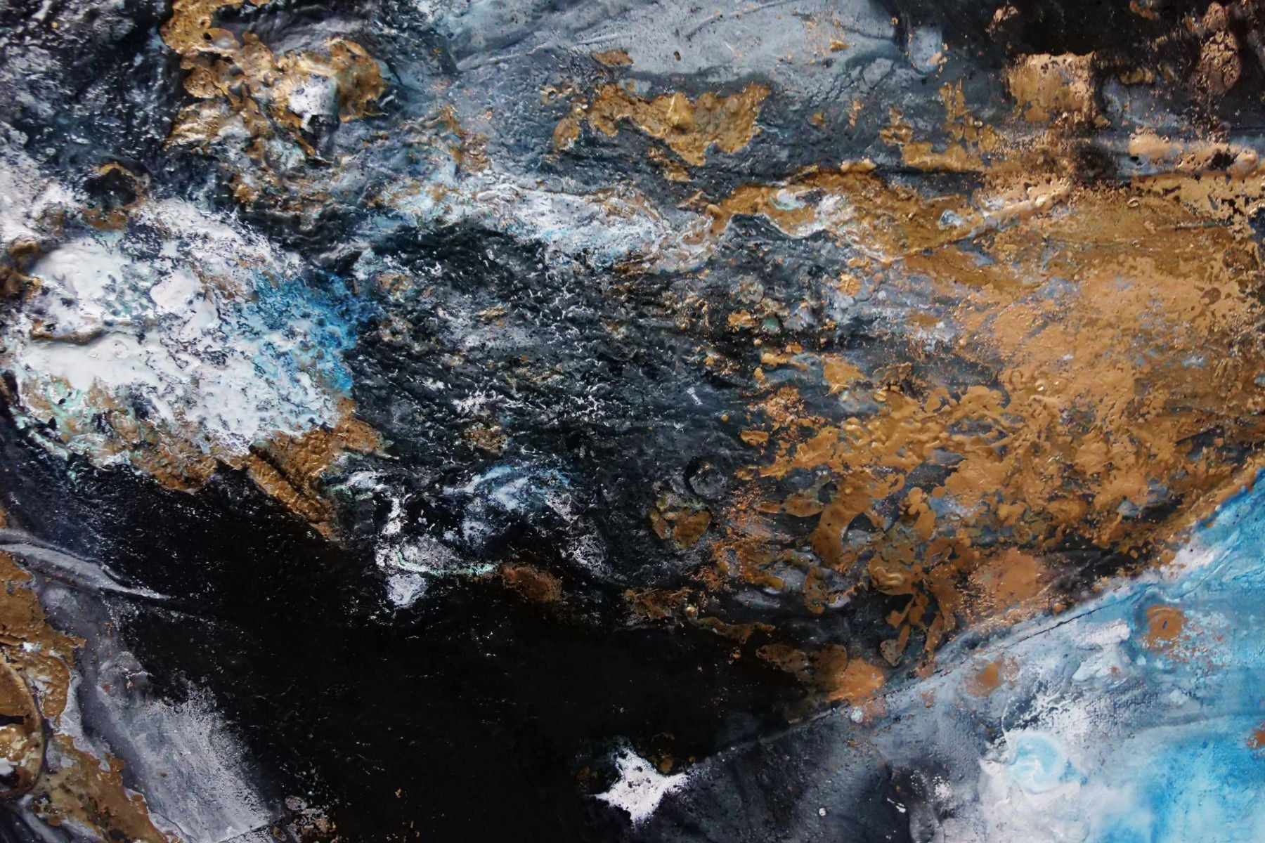 Peppered Satin 270cm x 120cm Black Gold Grey Blue Textured Abstract Painting (SOLD)