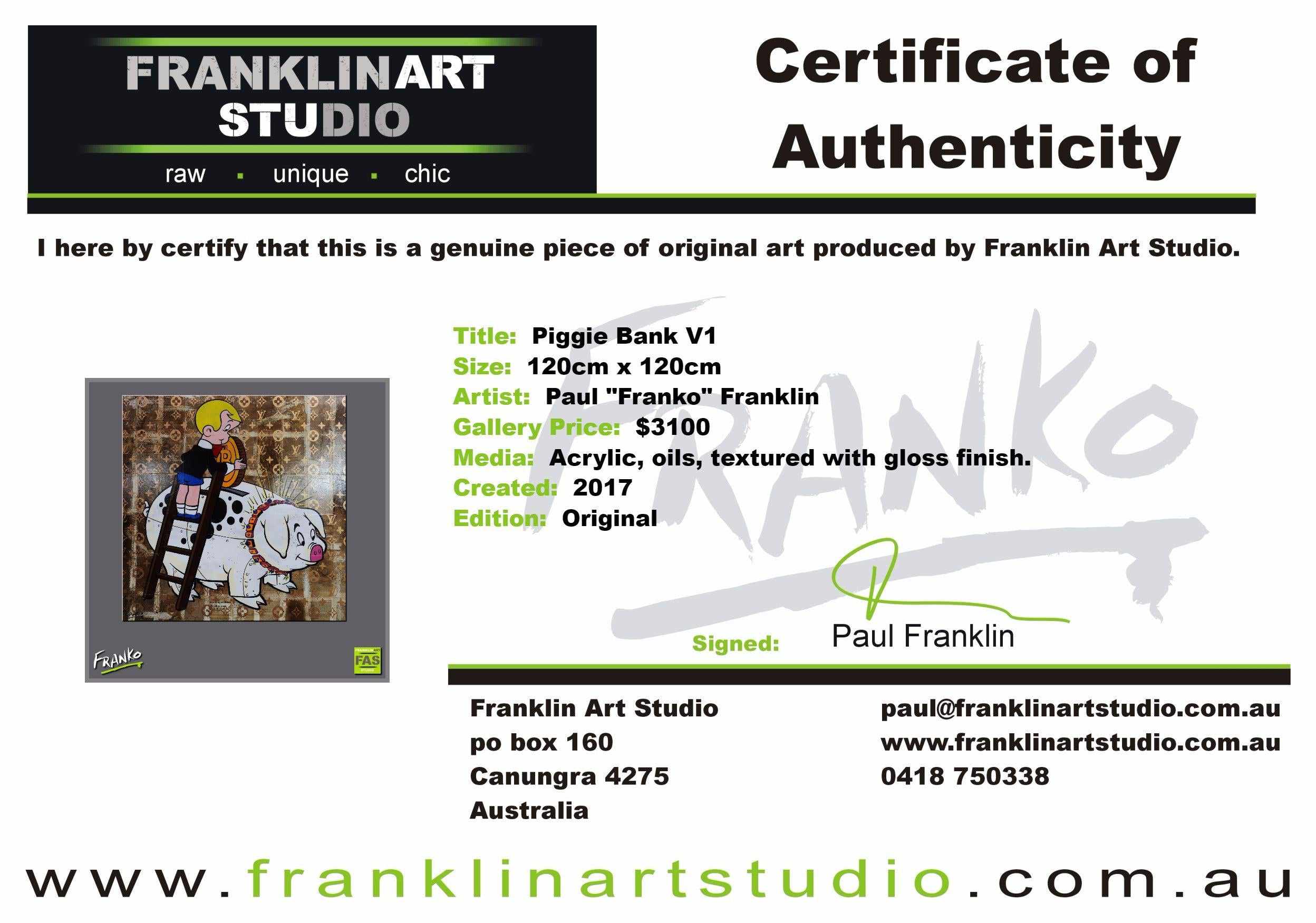 Piggie Bank 120cm x 120cm Piggie Bank Richie Rich Bitcoin (SOLD)-bitcoin themed-Franko-[franko_art]-[beautiful_Art]-[The_Block]-Franklin Art Studio