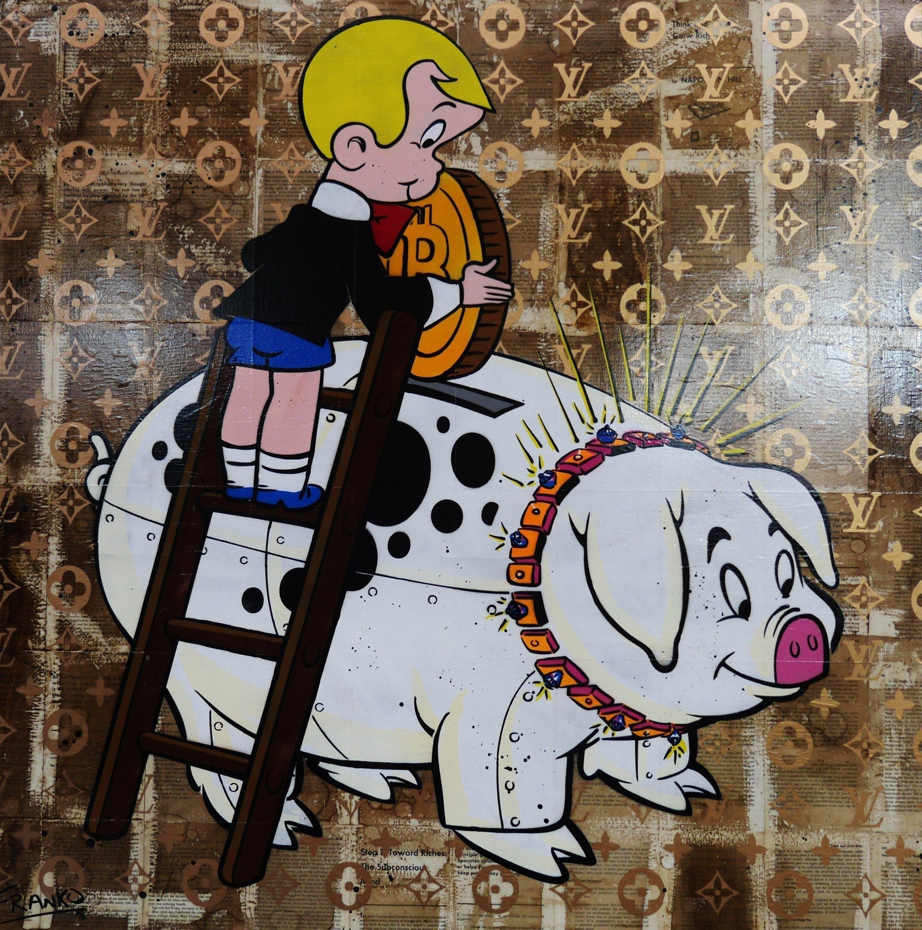 Piggie Bank 120cm x 120cm Piggie Bank Richie Rich Bitcoin (SOLD)-bitcoin themed-[Franko ]-[Gallery]-[popular]-[Australia]-Franklin Art Studio
