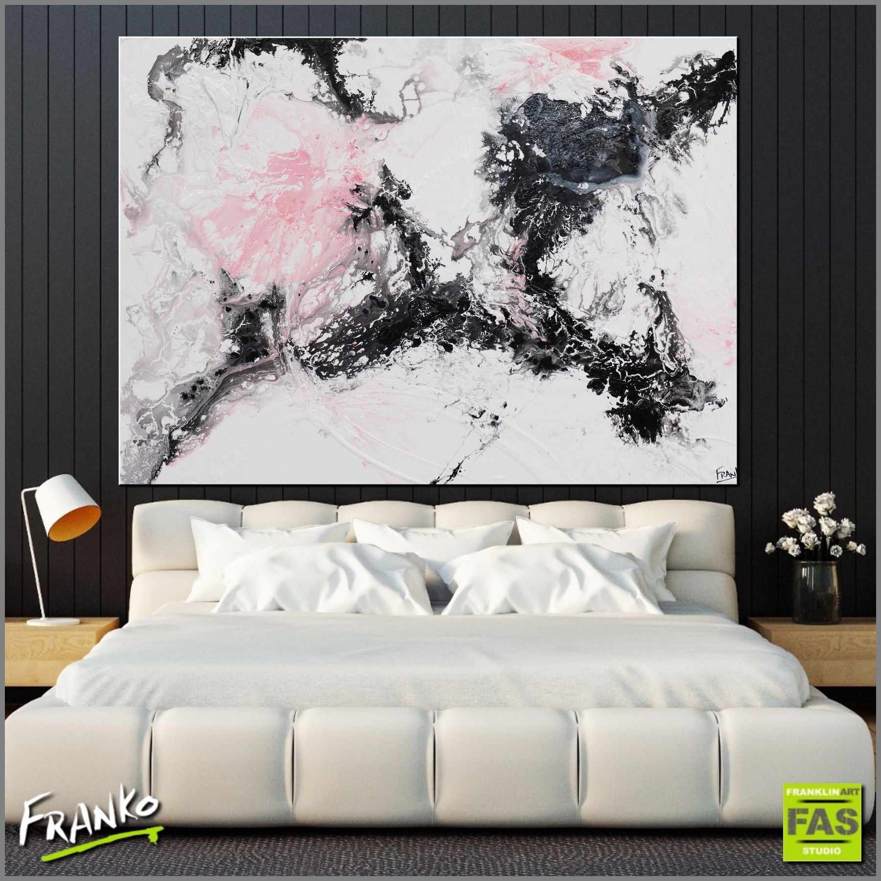 Pink Romance 140cm x 100cm White Black Pink Abstract Painting(SOLD)-abstract-Franko-[Franko]-[huge_art]-[Australia]-Franklin Art Studio