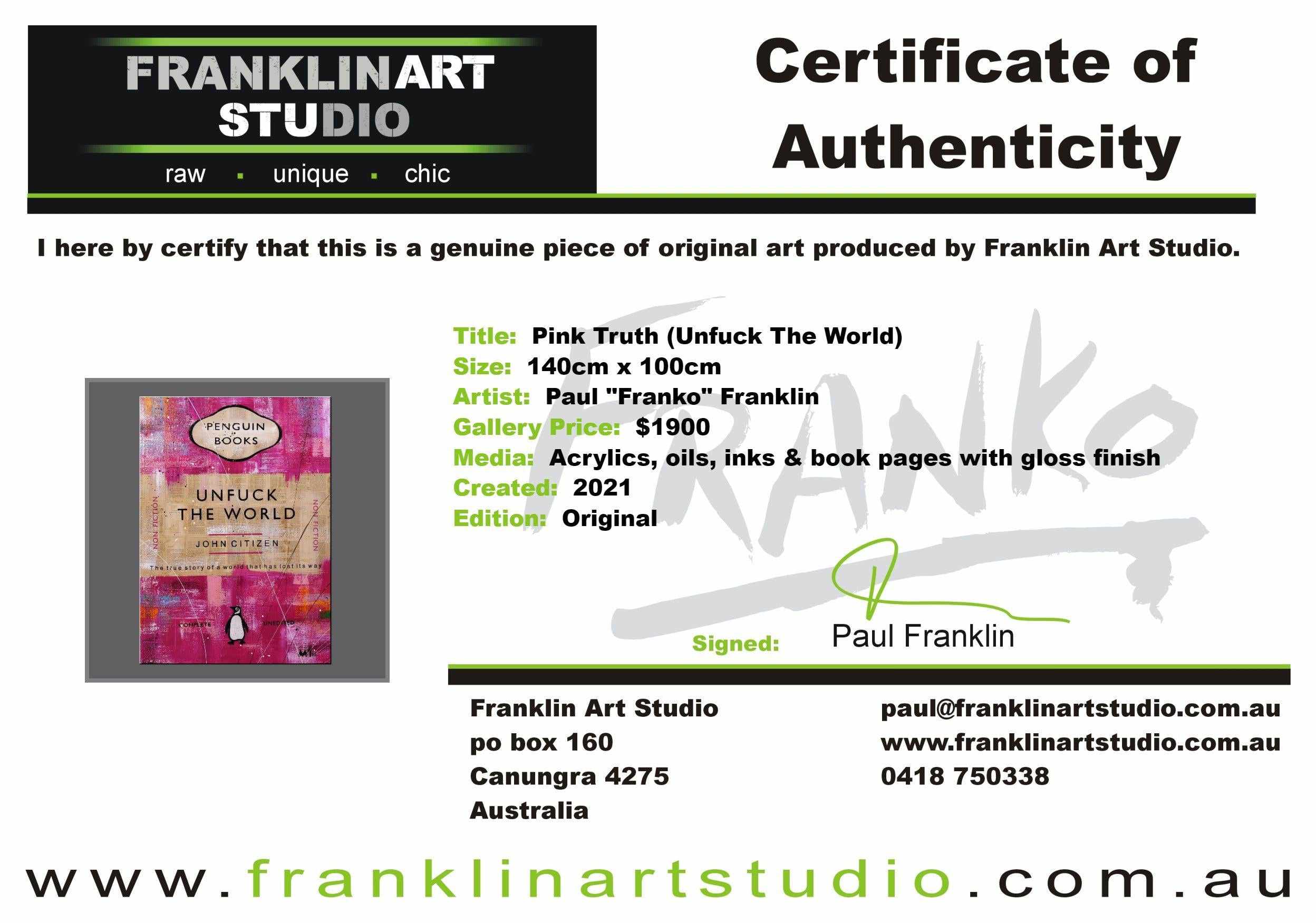 Pink Truth 140cm x 100cm Unfuck The World Urban Pop Book Club Painting (SOLD)-book club-Franko-[franko_art]-[beautiful_Art]-[The_Block]-Franklin Art Studio