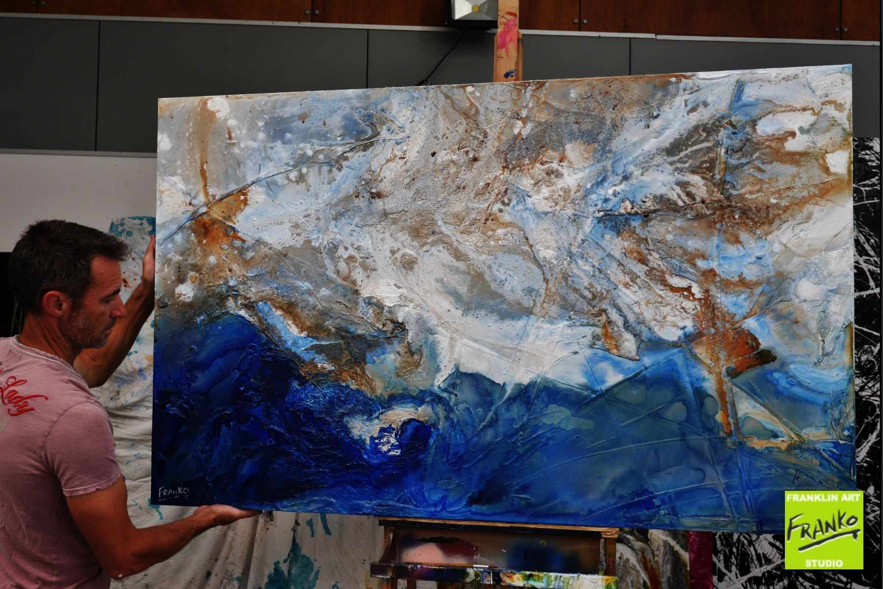 Pooling Blu 160cm x 100cm Cream Blue Textured Abstract Painting (SOLD)-Abstract-[Franko Artist]-[Gold Coast]-[Brisbane]-[Huge]-Franklin Art Studio