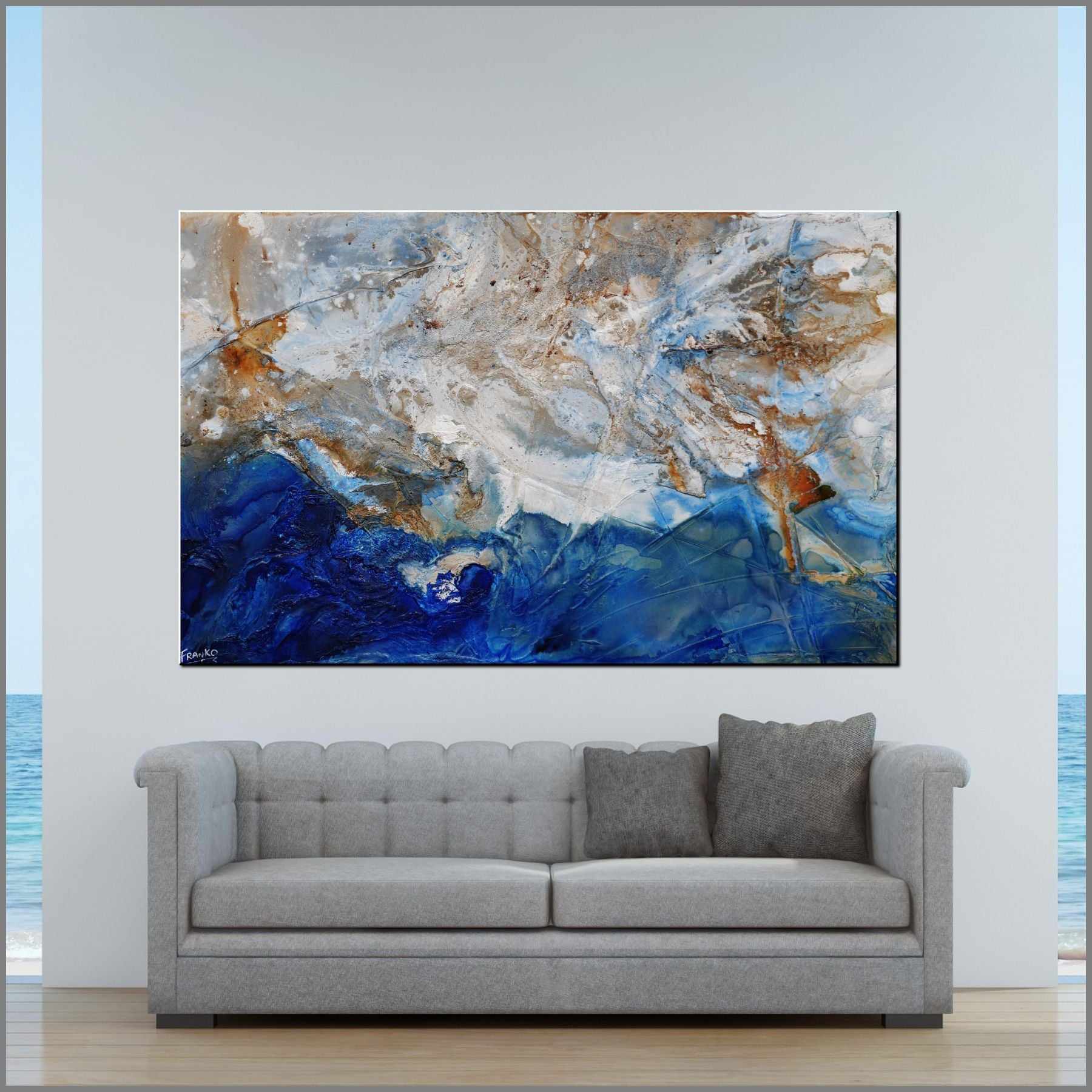 Pooling Blu 160cm x 100cm Cream Blue Textured Abstract Painting (SOLD)-Abstract-Franko-[Franko]-[huge_art]-[Australia]-Franklin Art Studio