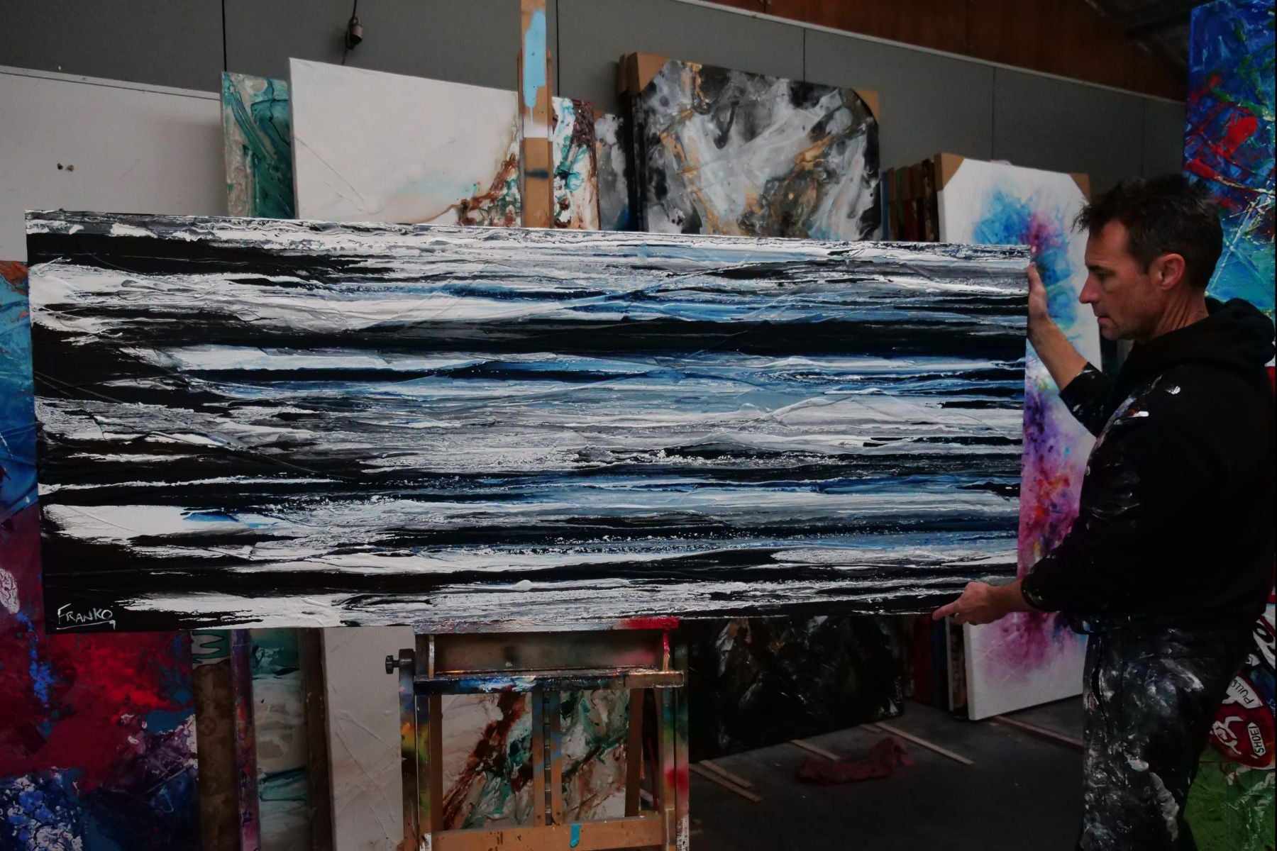 Prushed Arctic 200cm x 80cm Blue Black White Textured Abstract Painting (SOLD Rh)-Abstract-[Franko Artist]-[Gold Coast]-[Brisbane]-[Huge]-Franklin Art Studio