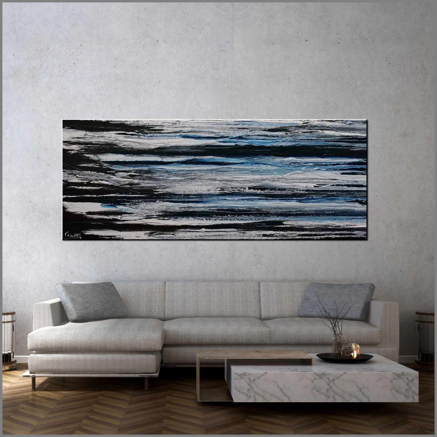 Prushed Arctic 200cm x 80cm Blue Black White Textured Abstract Painting (SOLD Rh)-Abstract-Franko-[huge]-[Australian]-[best Selling]-Franklin Art Studio