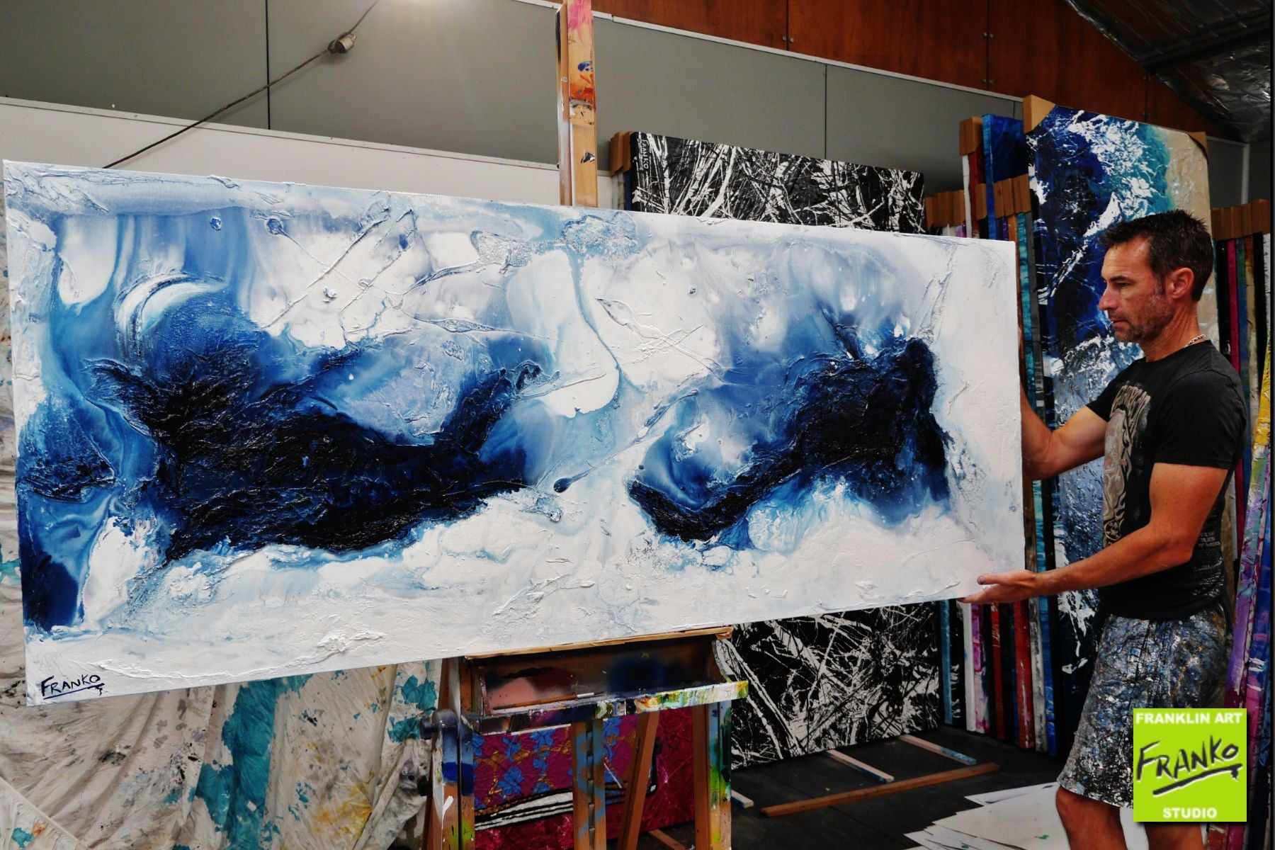Prussian Blue 200cm x 80cm Blue White Textured Abstract Painting (SOLD)-Abstract-[Franko Artist]-[Gold Coast]-[Brisbane]-[Huge]-Franklin Art Studio