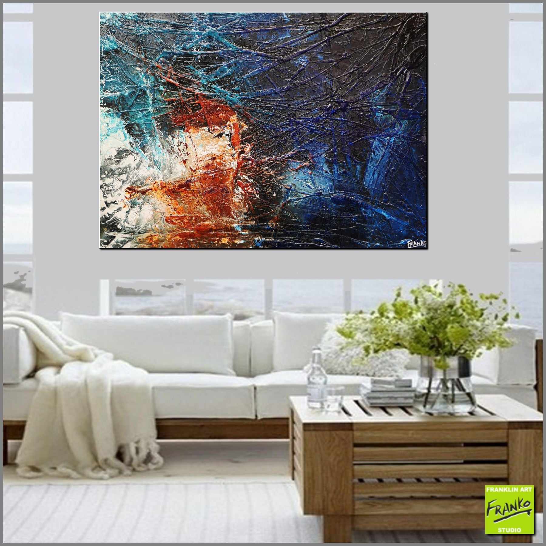Prussian Crackle 140cm x 100cm Brown Blue Textured Abstract Painting-Abstract-Franko-[Franko]-[huge_art]-[Australia]-Franklin Art Studio