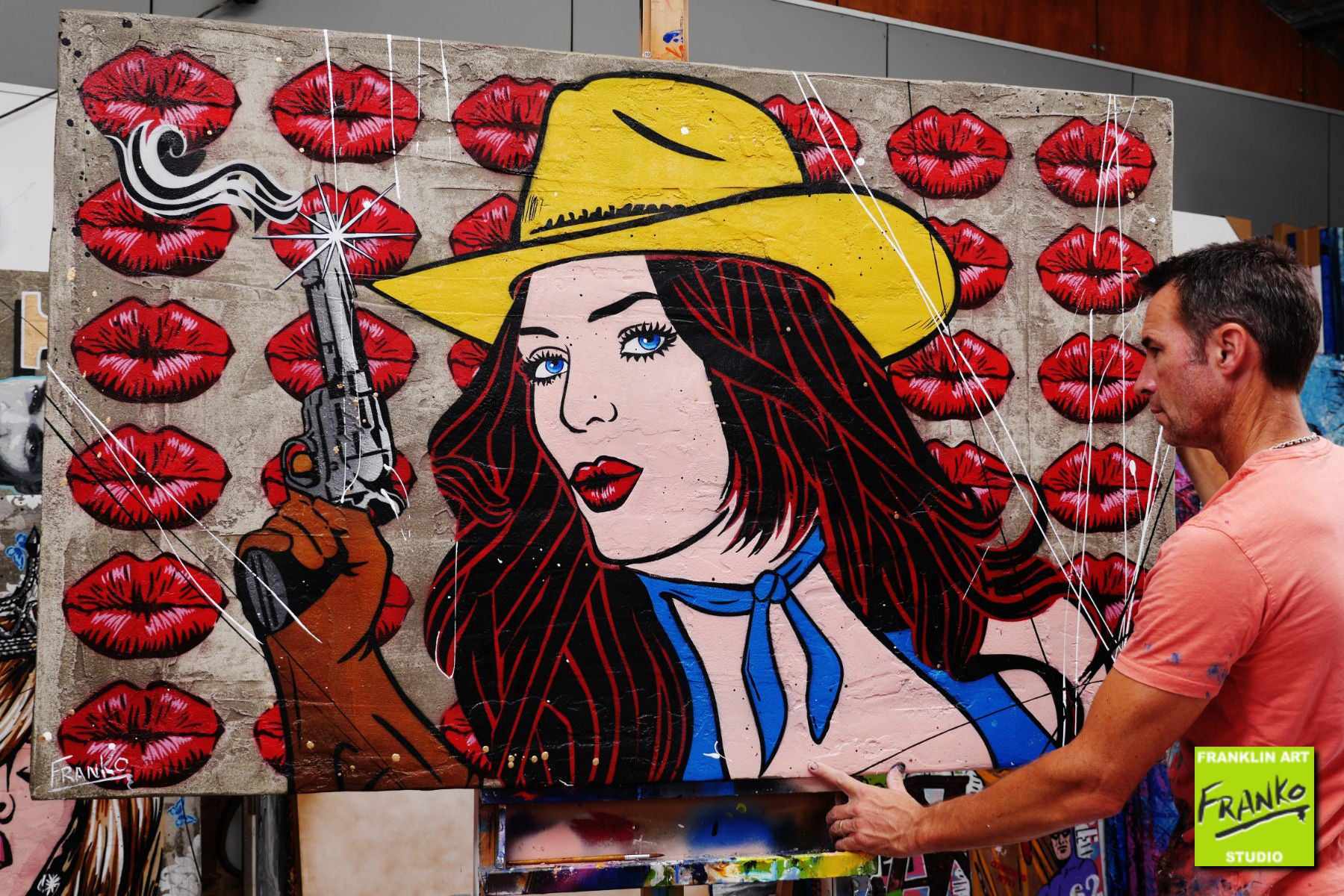 Pucker Up Baby 160cm x 100cm Cowgirl Textured Urban Pop Art Painting (SOLD)-concrete-[Franko Artist]-[Gold Coast]-[Brisbane]-[Huge]-Franklin Art Studio