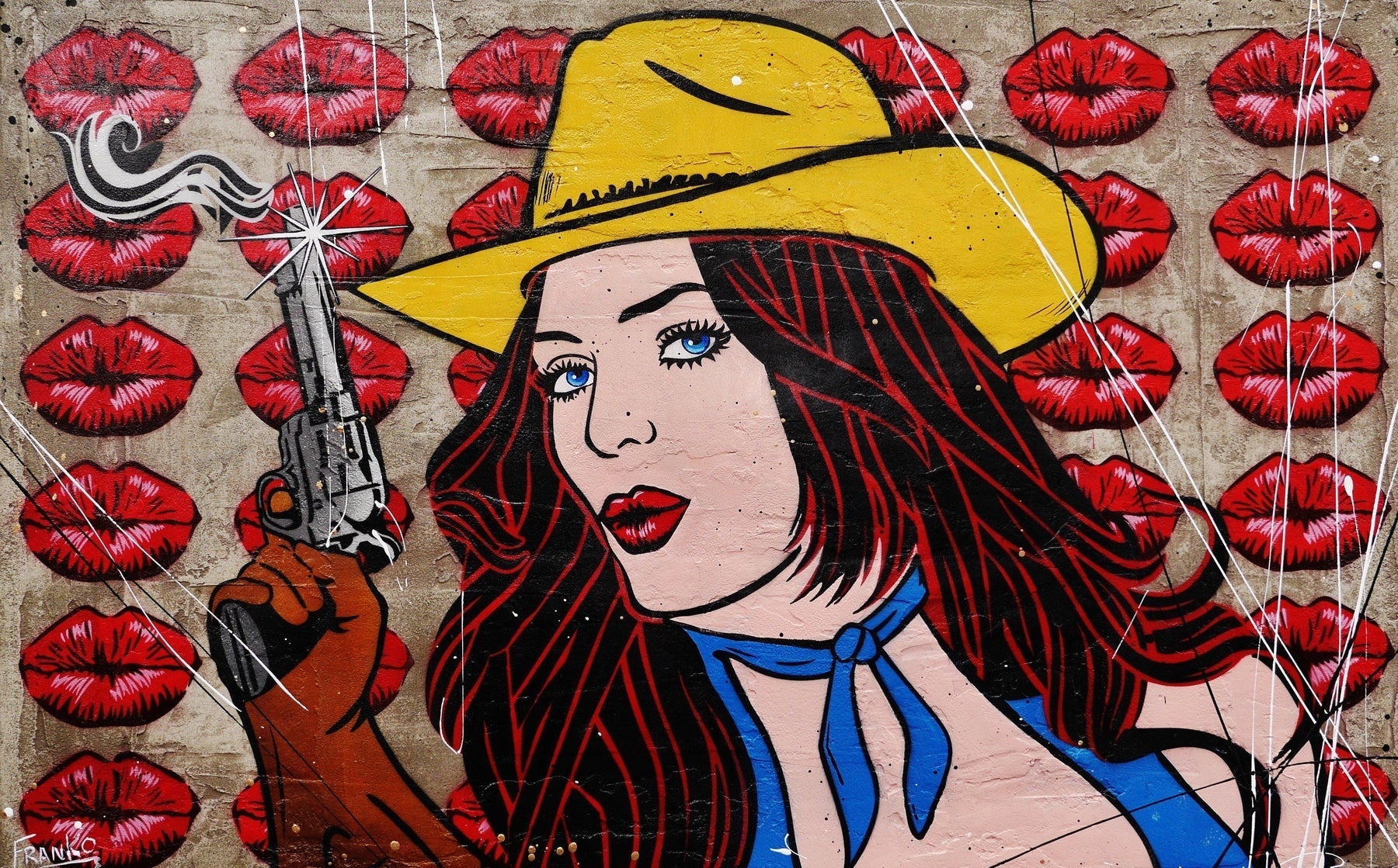 Pucker Up Baby 160cm x 100cm Cowgirl Textured Urban Pop Art Painting (SOLD)-concrete-[Franko ]-[Gallery]-[popular]-[Australia]-Franklin Art Studio
